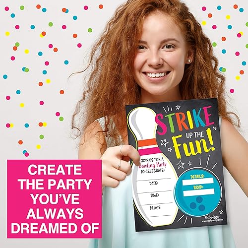 Miniatura 8 de Hadley Designs 25 invitaciones de cumpleaños de bolos - Divertidas invitaciones de fiesta de bolos para niños, invitaciones de fiesta vibrantes y