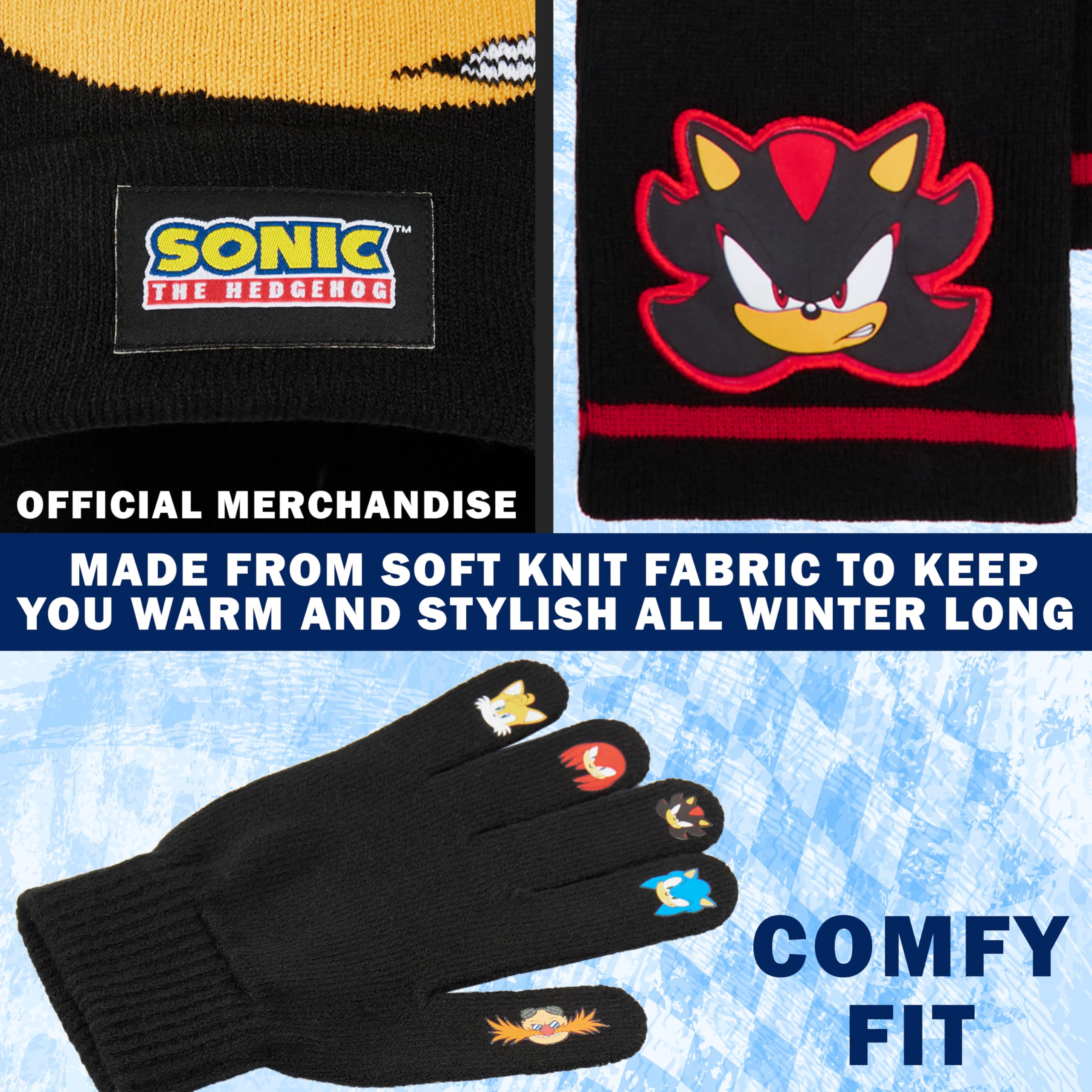 Get Trend SONIC THE HEDGEHOG Ensemble Bonnet Echarpe Gant Garçon, 3 Pièces, Maille Douce, Cosy Accessoires Hiver, idee Cadeau Gamer