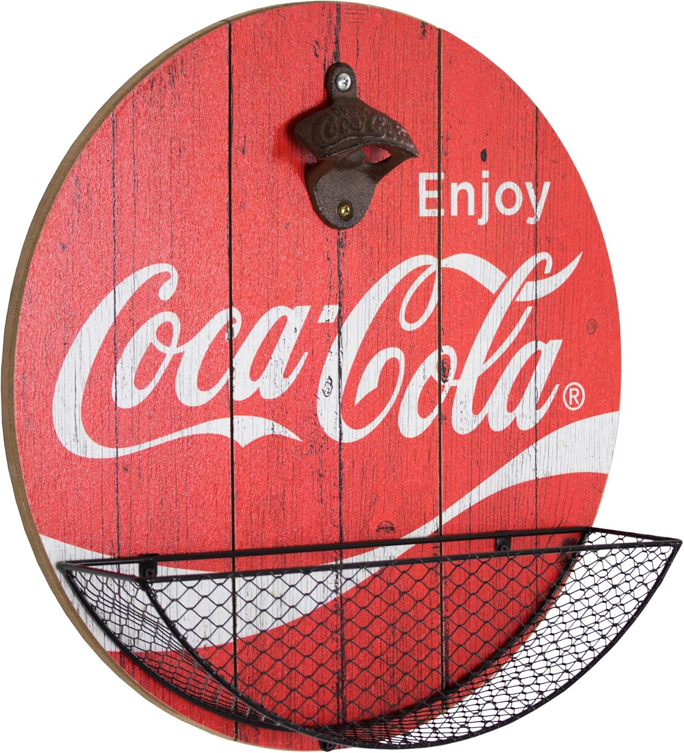 American Art Decor Bottle Opener & Cap Catcher - Wall-Mounted Wooden Beer Cap Collector - Room Decor Accessories for Bar, Man Cave, Garage, Game Room & More (Coca-Cola)