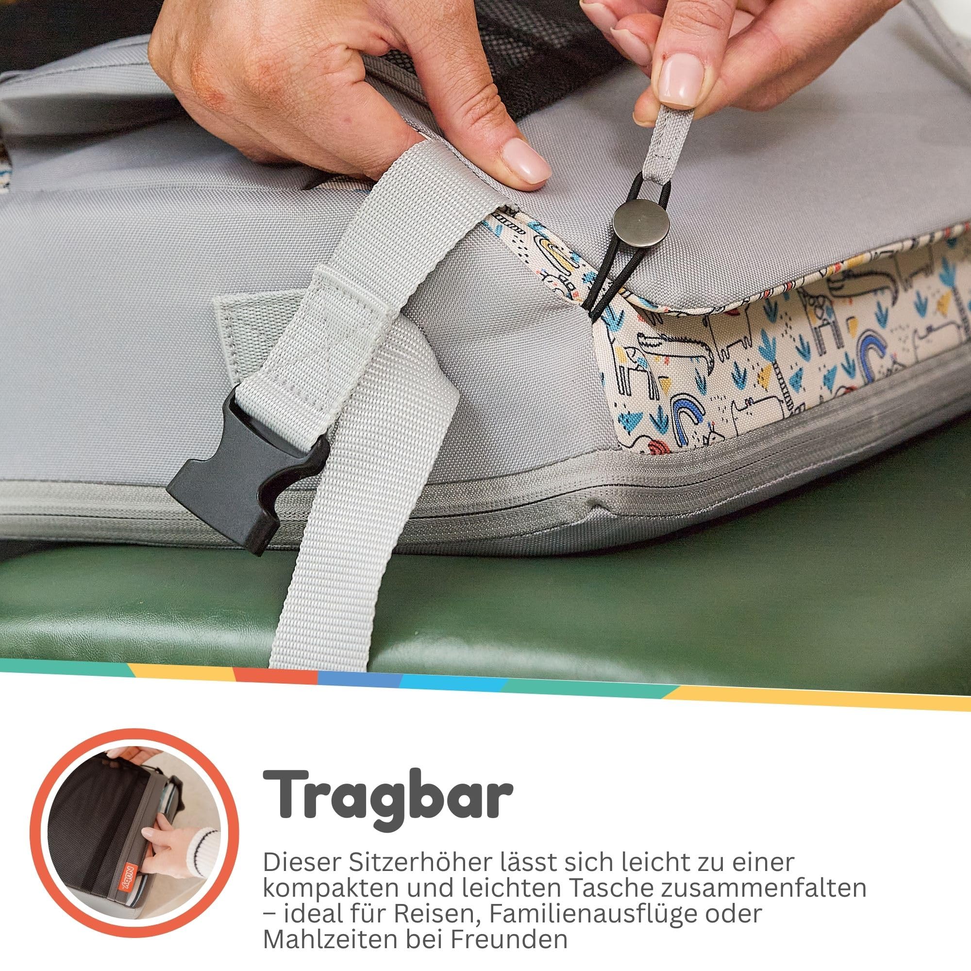 Nuby Tragbare Sitzerhöhung für Babys/Kinder | Zusammenfaltbar zur Kompakten Tasche mit Aufbewahrungsfach | Wasserdicht | Abnehmbarer Bezug | Ideal für Mahlzeiten zu Hause und Unterwegs | Ab 6 Monaten