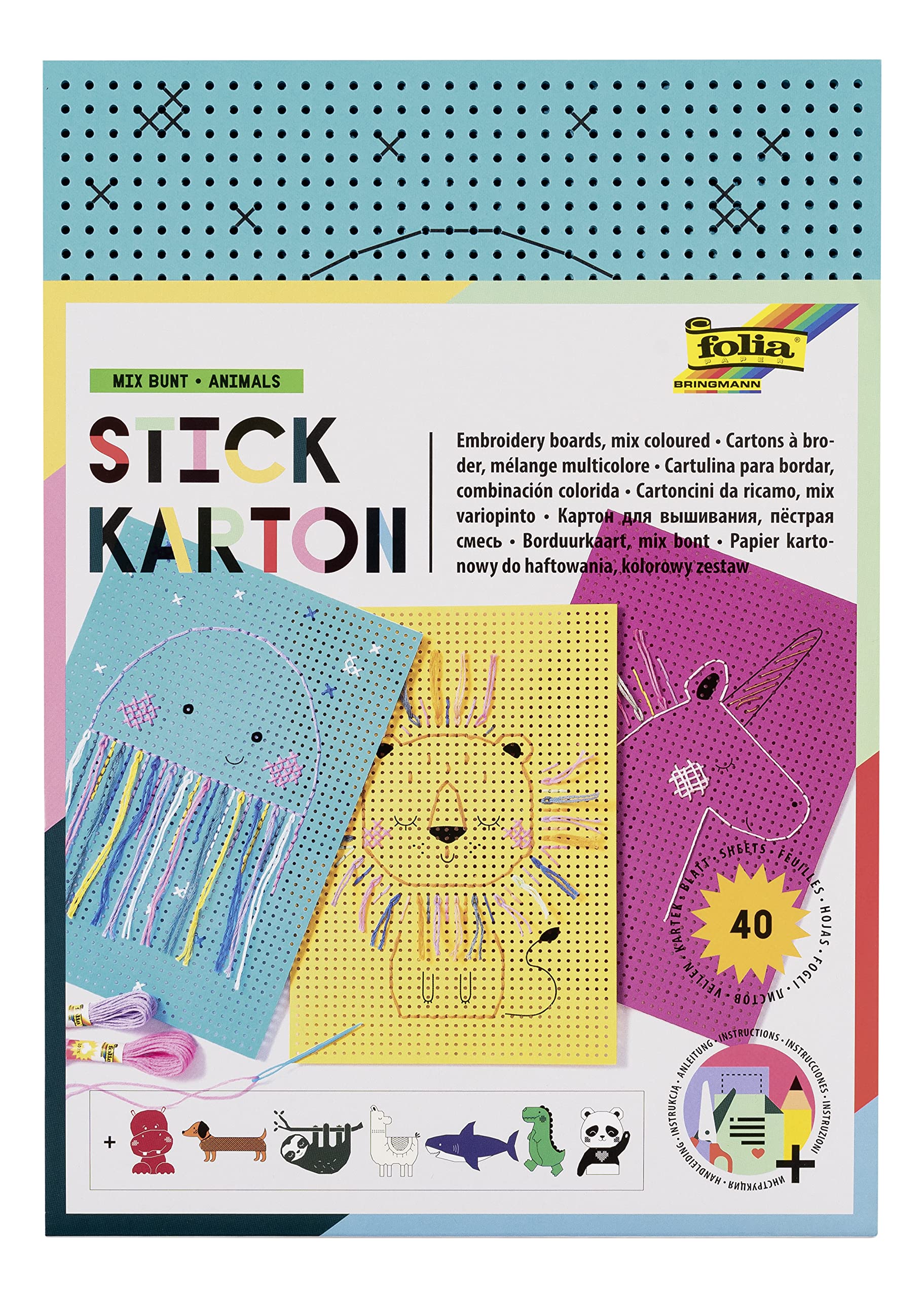folia 2349 - Tektura do haftu "Zwierzęta", 300g / m², biały nadruk, 17,5 x 24,5 cm, 40 arkuszy, 8 motywów - idealna do ćwiczeń haftu