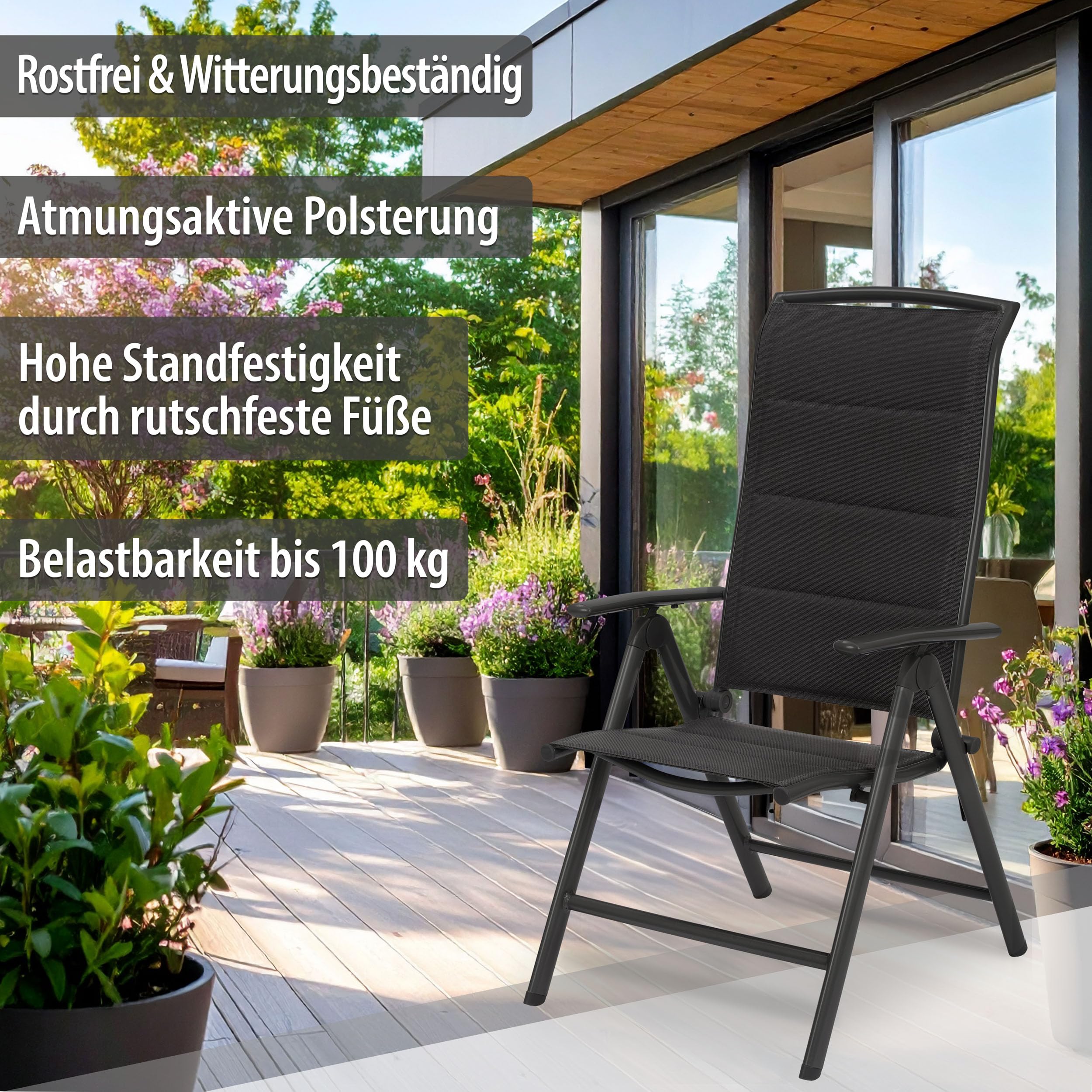 BRUBAKER 2er Set Gartenstühle Milano - Gepolsterte Klappstühle - 8-Fach verstellbare Rückenlehnen - Stühle aus Aluminium - Wetterfest - Anthrazit | 8-fach verstellbare Rückenlehnen - Stühle aus Aluminium - Wetterfest - Anthrazit