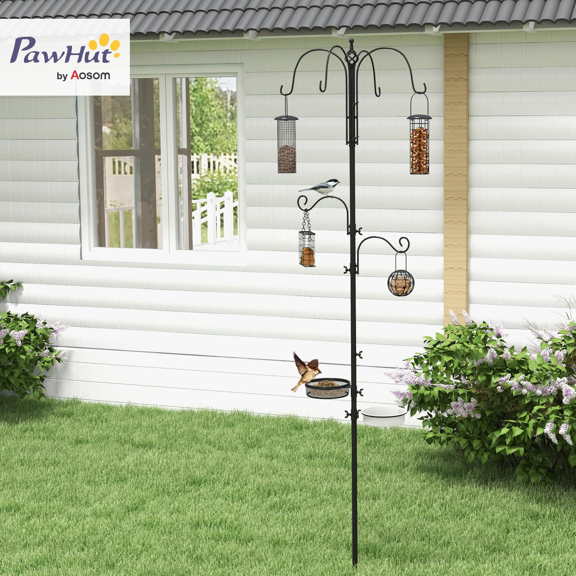 PawHut Station d'Alimentation Mangeoir à Oiseaux sur Pied 6 Crochets Noir | 4 Mangeoires Suspendues, pour Cacahuètes Graines Boules de Graisse