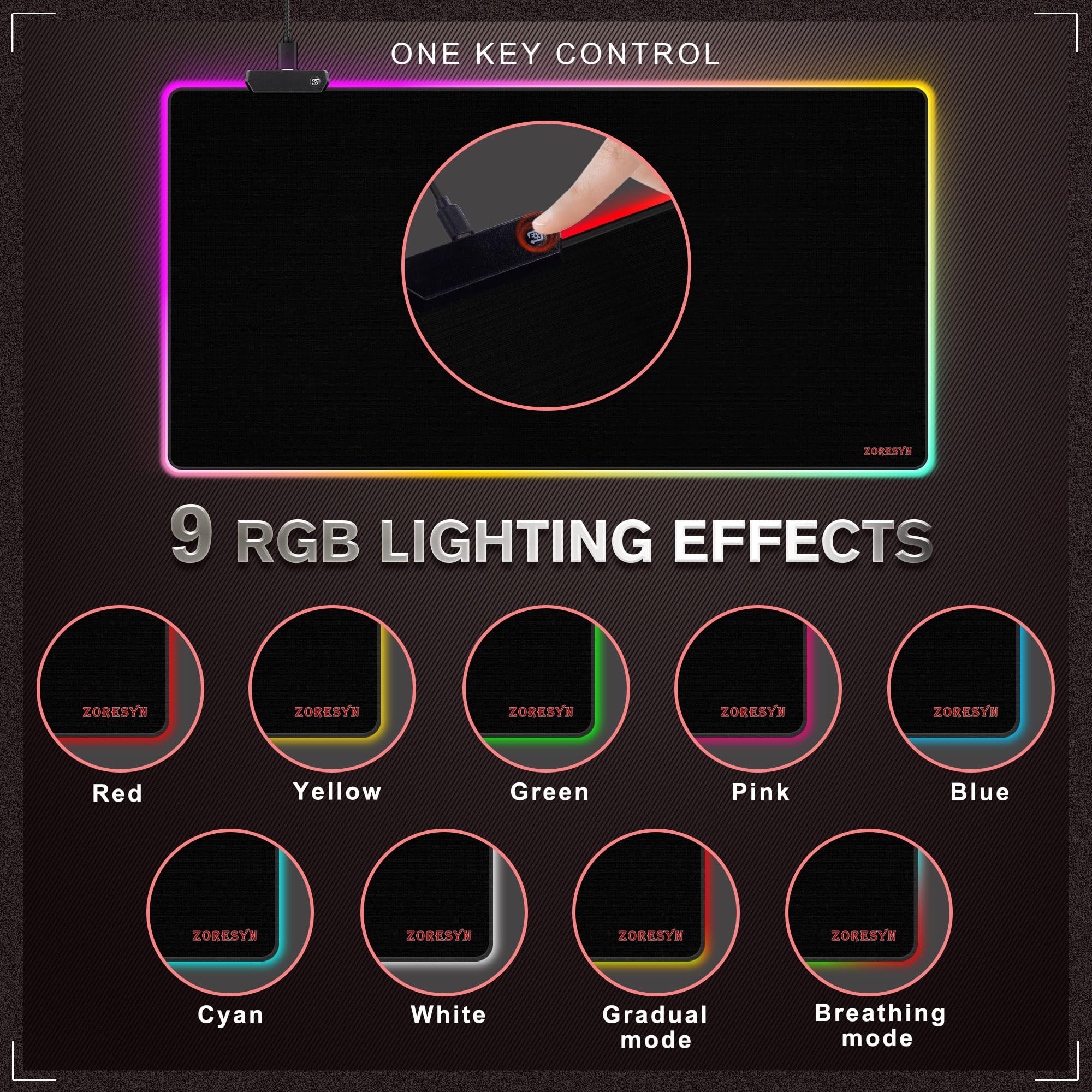 ZORESYN Tappetino per mouse da gioco RGB, 100 x 50 cm, grande tappetino per mouse con luce a LED, tappetino per tastiera, accessori da gioco per scrivania, base in gomma antiscivolo, grande tappetino