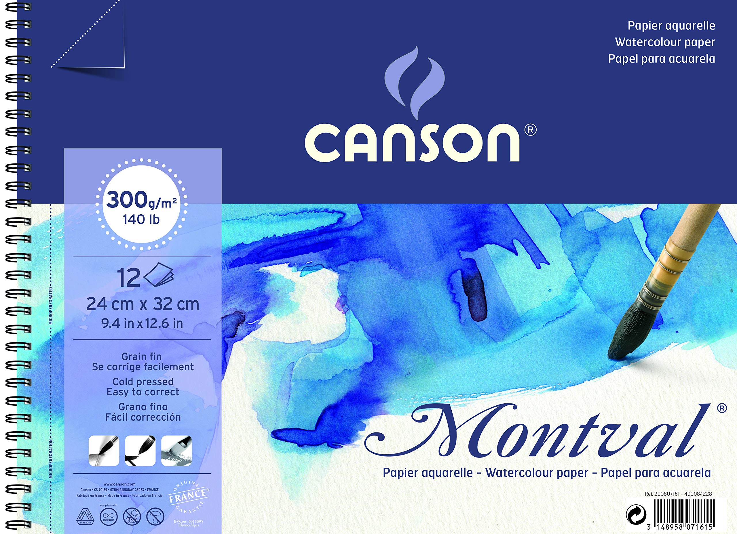 CansonSpiral-Bound Notepad AQ Montval Fine Watercolour 300 g/m² 12 Sheets per Pad Spiral on Short Side White 24 x 32 cm White