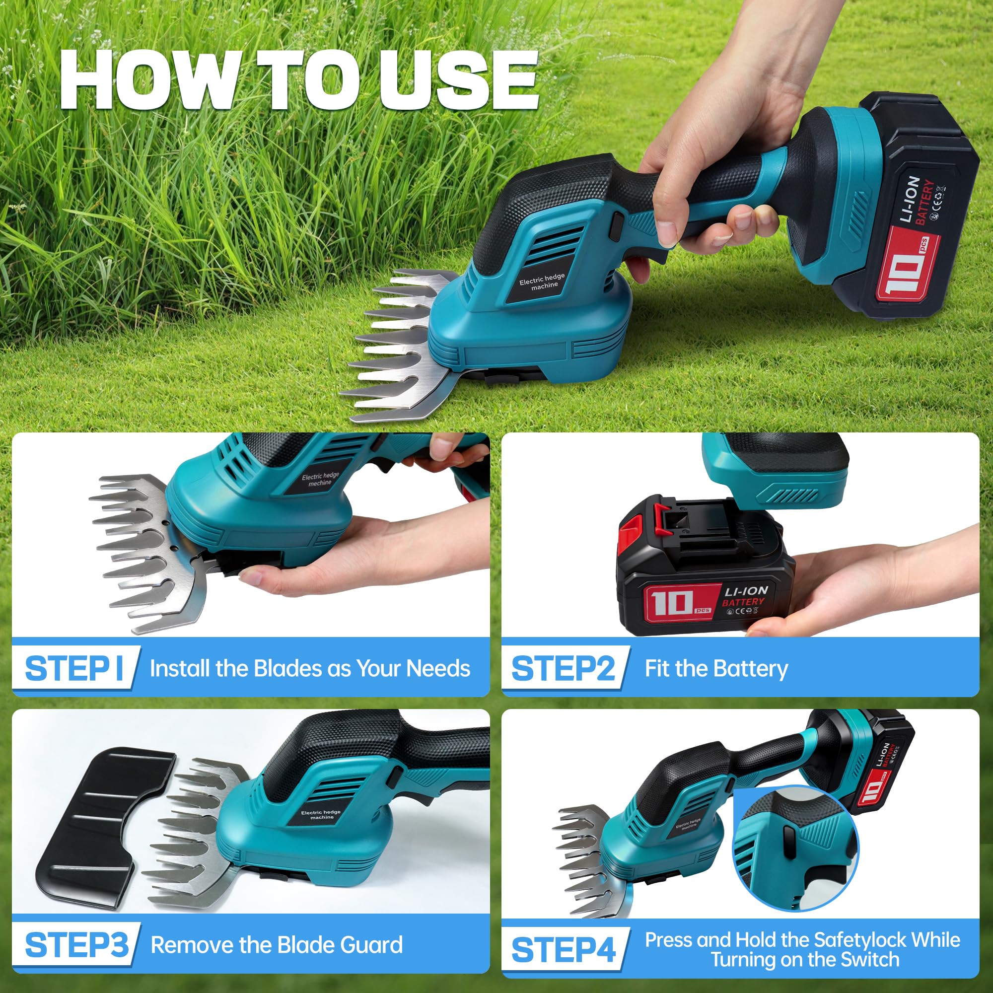 AearKing Taille Haie Electrique,2 en 1 Cisaille à Gazon sur Batterie Rechargeable,Taille Haie Electrique sans Fil avec 1x4000mAh Batterie,32cm Taille Haie et 15cm Cisaille de Jardin,Coupe Bordure