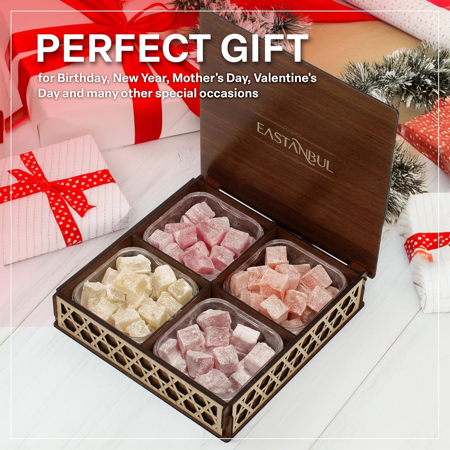 Eastanbul Turkish Delight, 35.3oz, Turkish Delights Candy, Assorted Lokum in Souvenir Wooden Gift, International Candy, Dulces de Narnia, Plain, Gluten Free, Vegan Gift