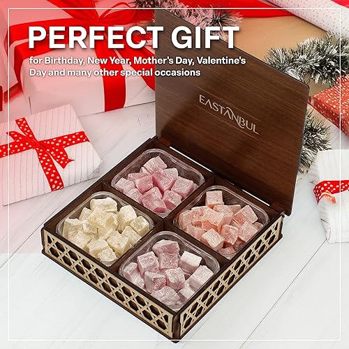 Miniatura 5 de Eastanbul Delicia turca, 35.3 onzas, dulces turcos, lokum surtido en regalo de madera de recuerdo, dulces internacionales, Dulces de Narnia, liso,