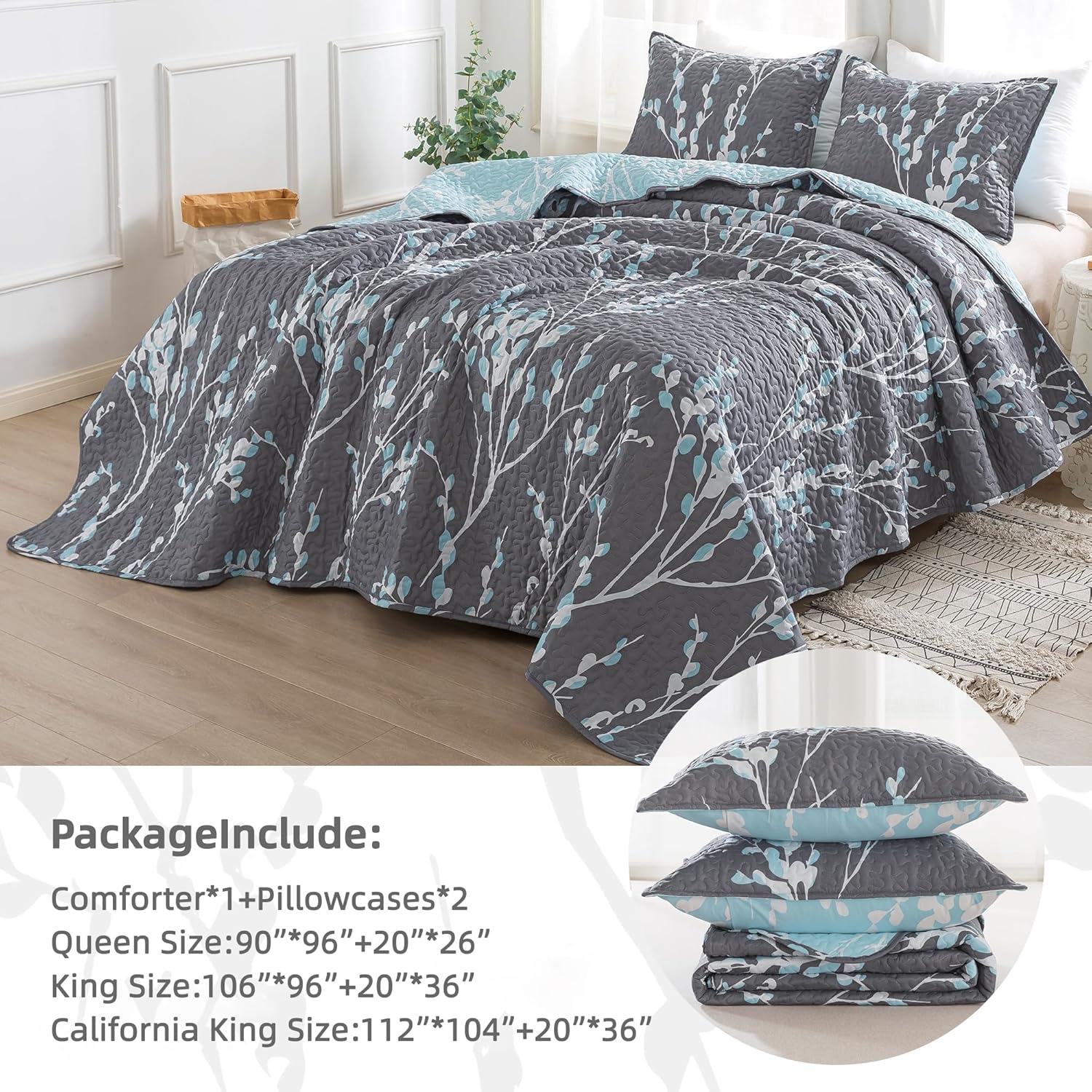 Andency Quilt California King Size Grey Blue (112x104 Inch), 3 Pieces Floral Lightweight Bedding Set, Microfiber Reversible Flower Quilted Bedspread Coverlet with 2 Pillowcases for Men Women - Image 6