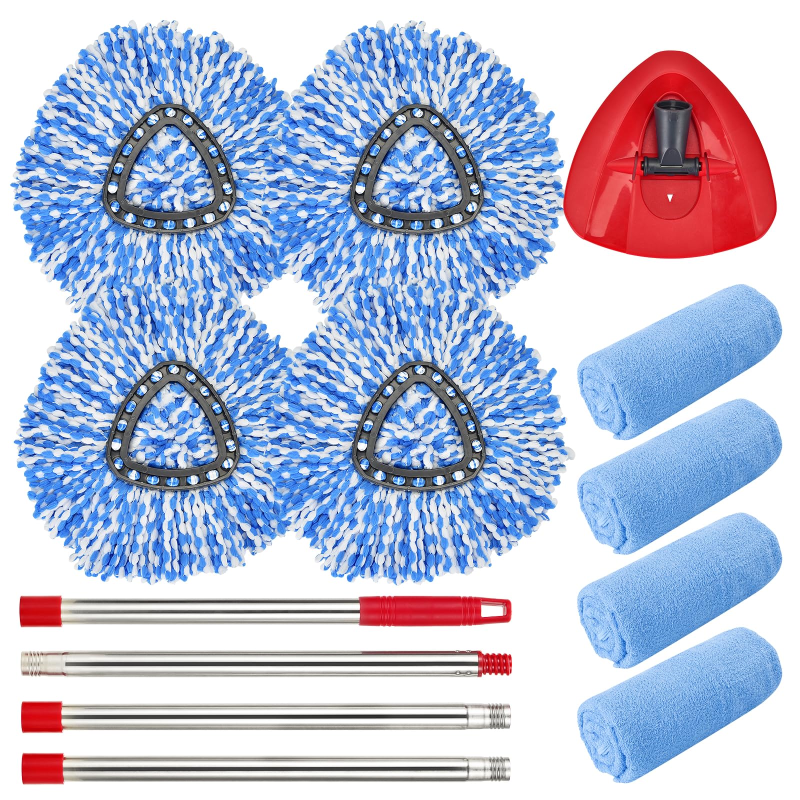 Matthew Spin Mop Replacement Kit - 4 Refill Heads, 30-58in Handle & Base Combo Set (Blue, 1-Tank System)