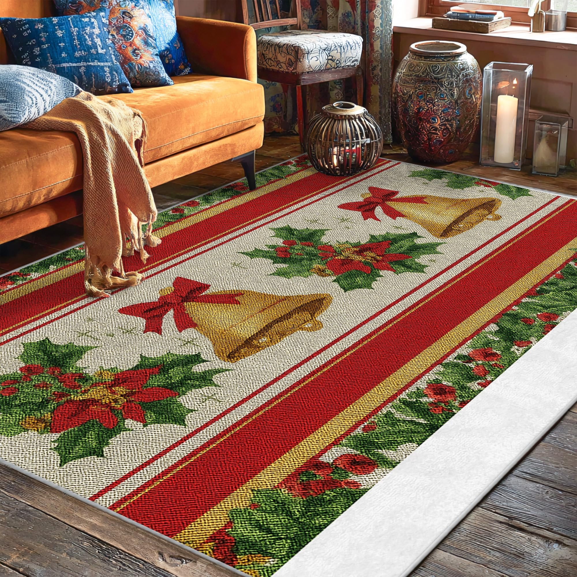 Tapis de Noël rouge 1,5x2,1 m avec motif de cloche festif et envers antidérapant pour le salon