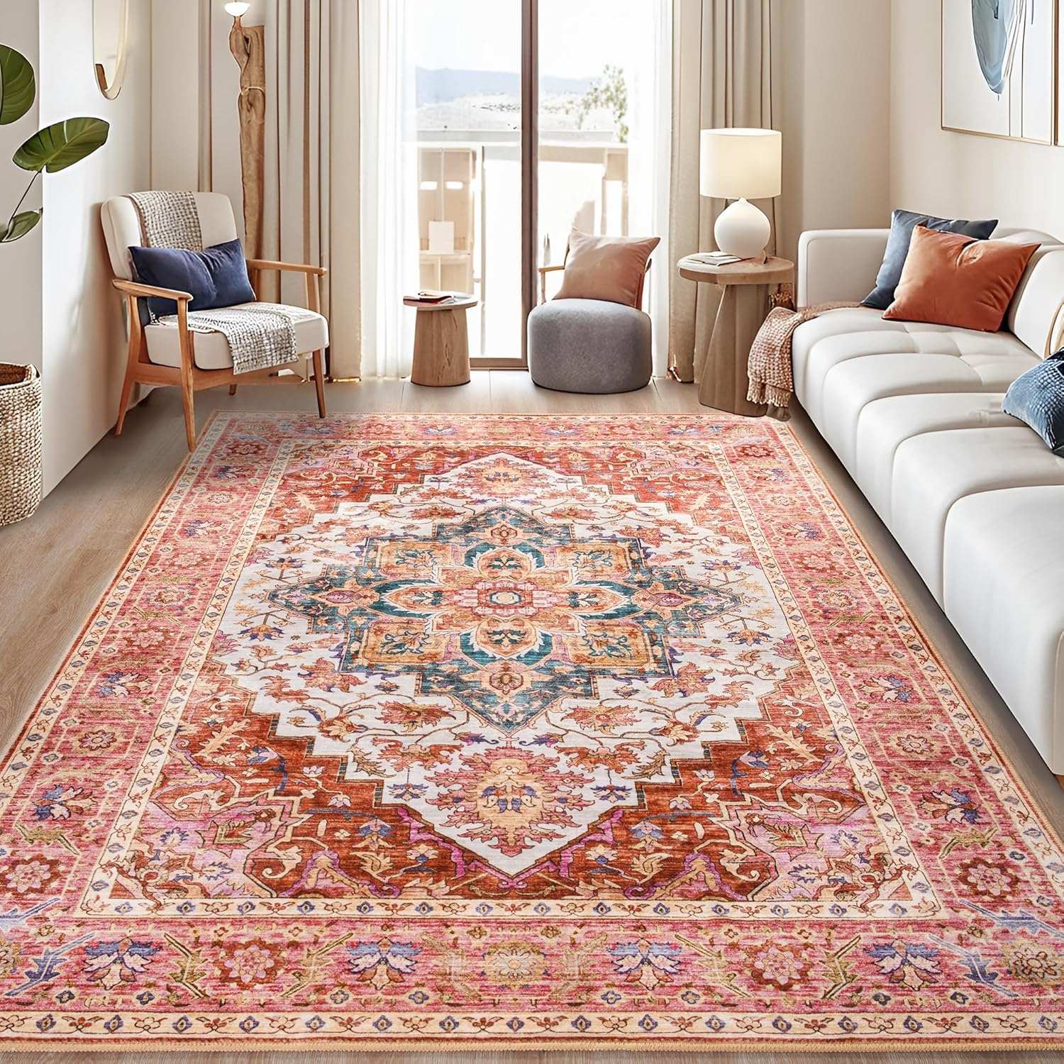 Foxmas 8x10 Area Rugs for Living Room, Machine Washable Vintage Rug, Non-Slip Low Pile Throw Rugs with Rubber Backing Washable Carpet for Bedroom Dining Room Kitchen Home Decor, Orange