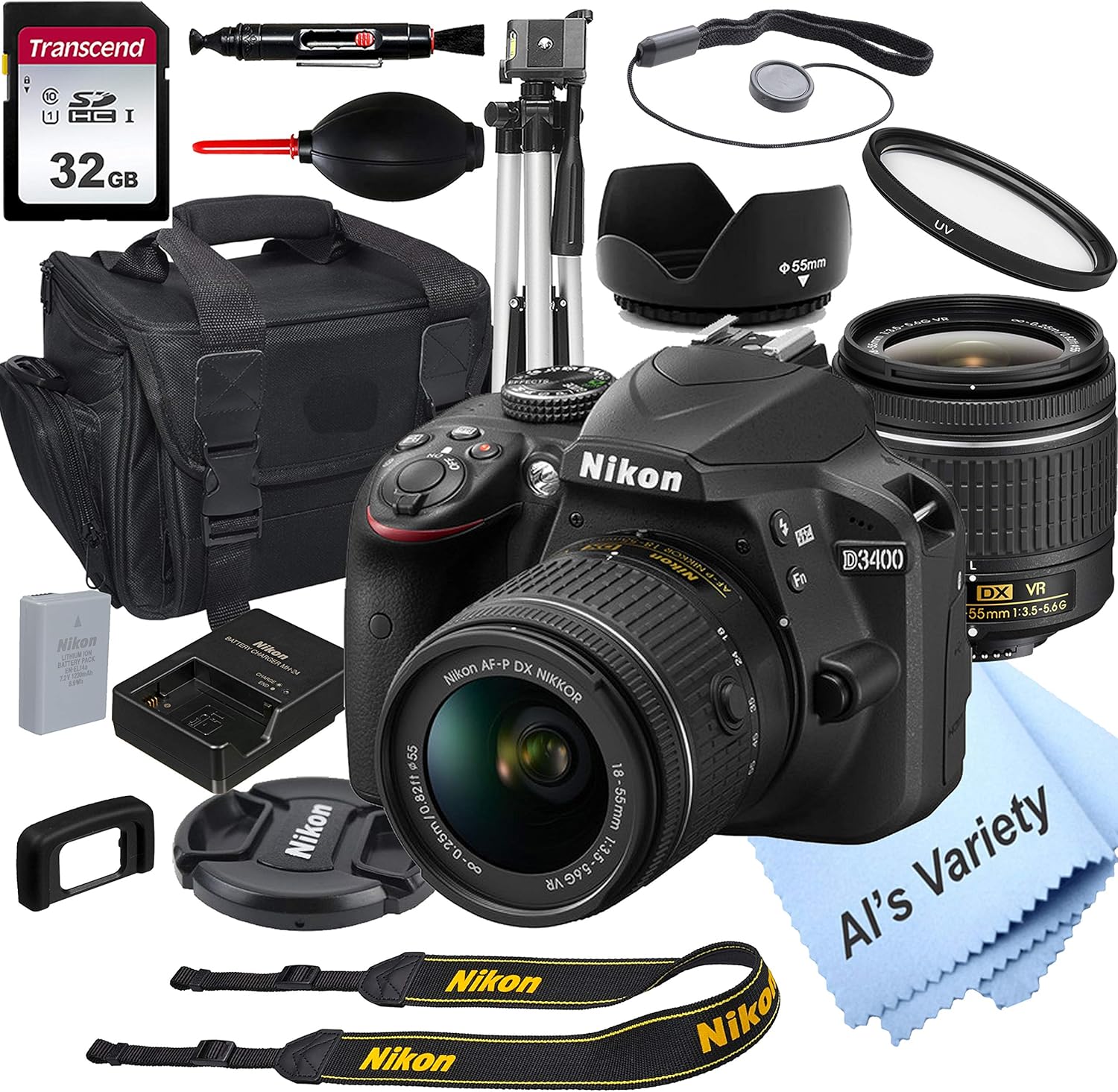 Nikon D3400 DSLR Camera with 18-55mm VR Lens + 32GB Card, Tripod, Case, and More (18pc Bundle) (Renewed)