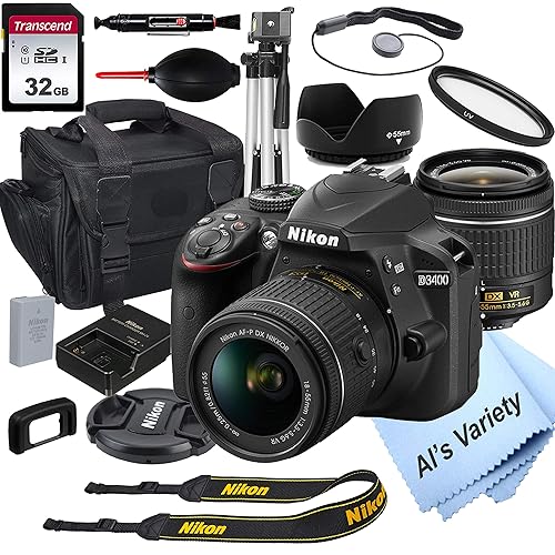 Nikon D3400 DSLR Camera with 18-55mm VR Lens + 32GB Card, Tripod, Case, and More (18pc Bundle) (Renewed)