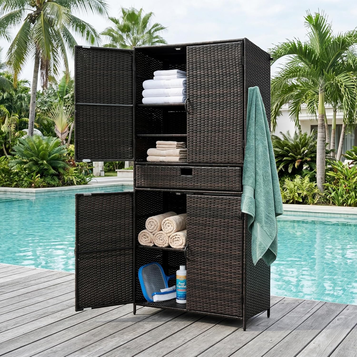 76.4" Tall Wicker Outdoor Storage Cabinet 4-Door Vertical Rattan Storage Shed Organizer with Adjustable Shelves for Garden, Backyard, Pool, Brown & Black