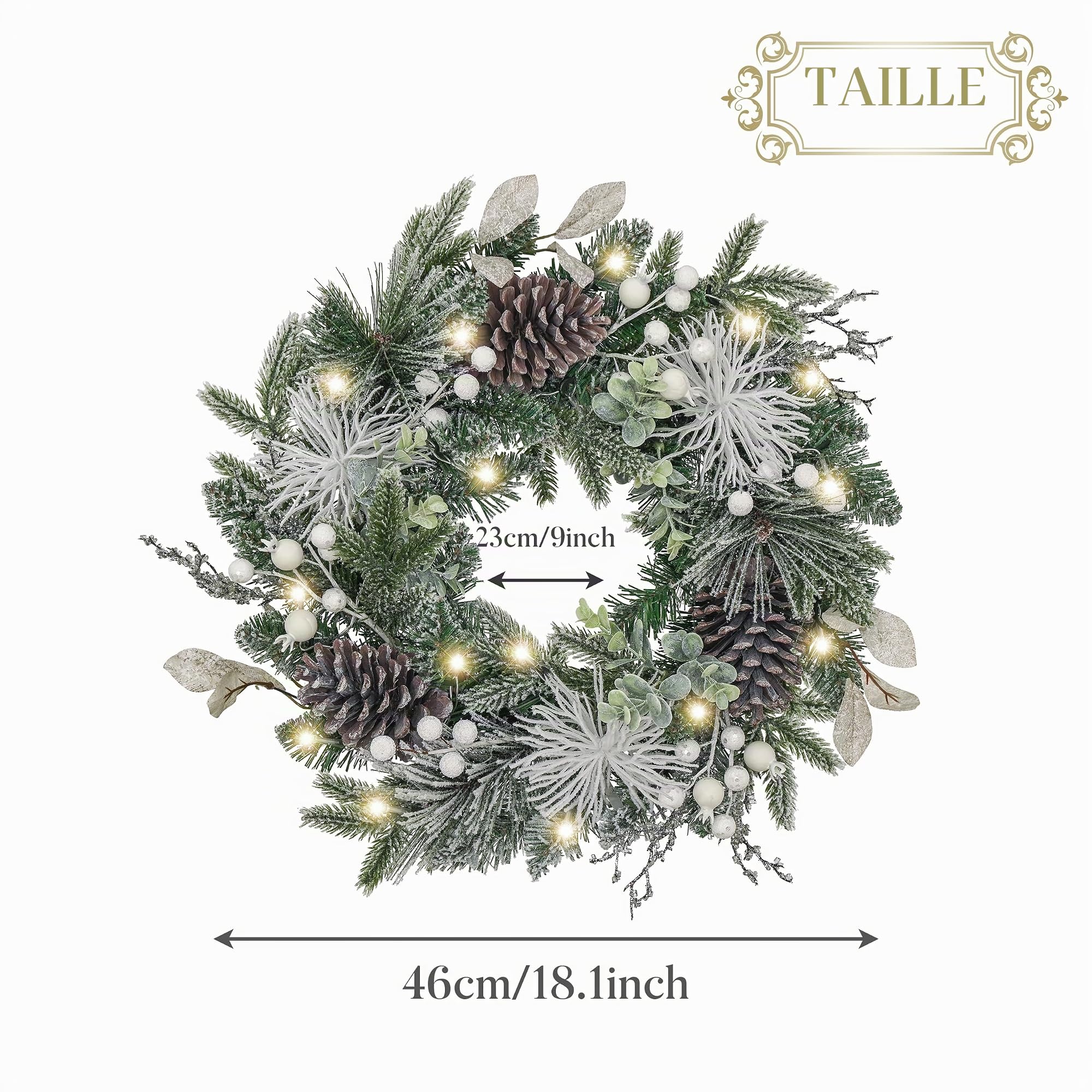 Valery Madelyn 46 cm Couronne de Noël Artificielle pour la Porte d'Entrée avec Pomme de Pin et des Boules de Noël, Couronne Artificielle avec des lumières LED et Fonction de minuterie pour Noël