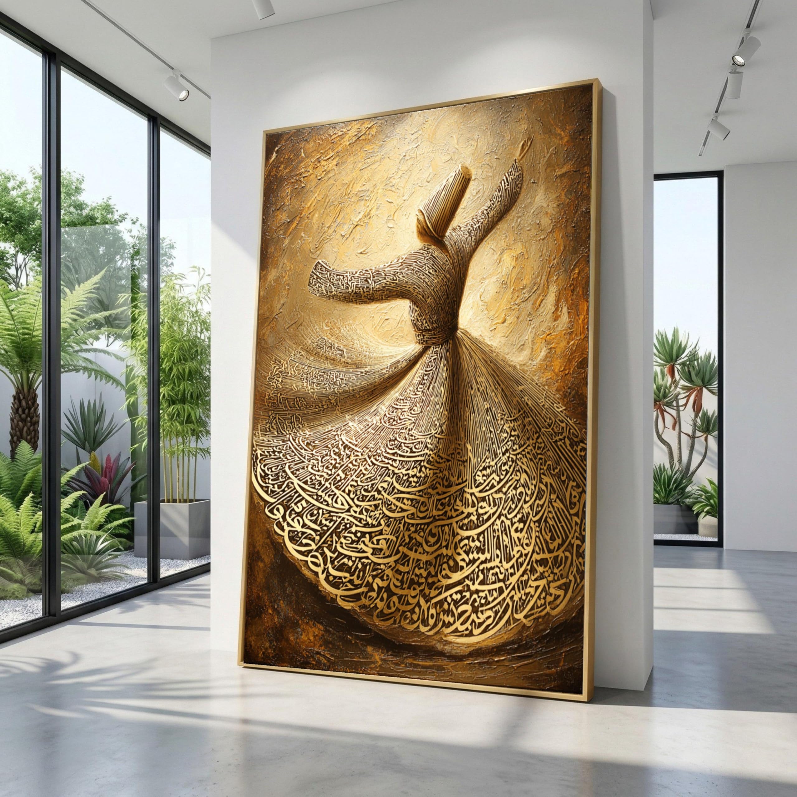 CAOXTART Whirling Dervish Dance Canvas Oil Painting, Spiritual Wall Art, Golden Calligraphy Design, Home Decor Canvas Wall Art(60x80cm/Frameless)