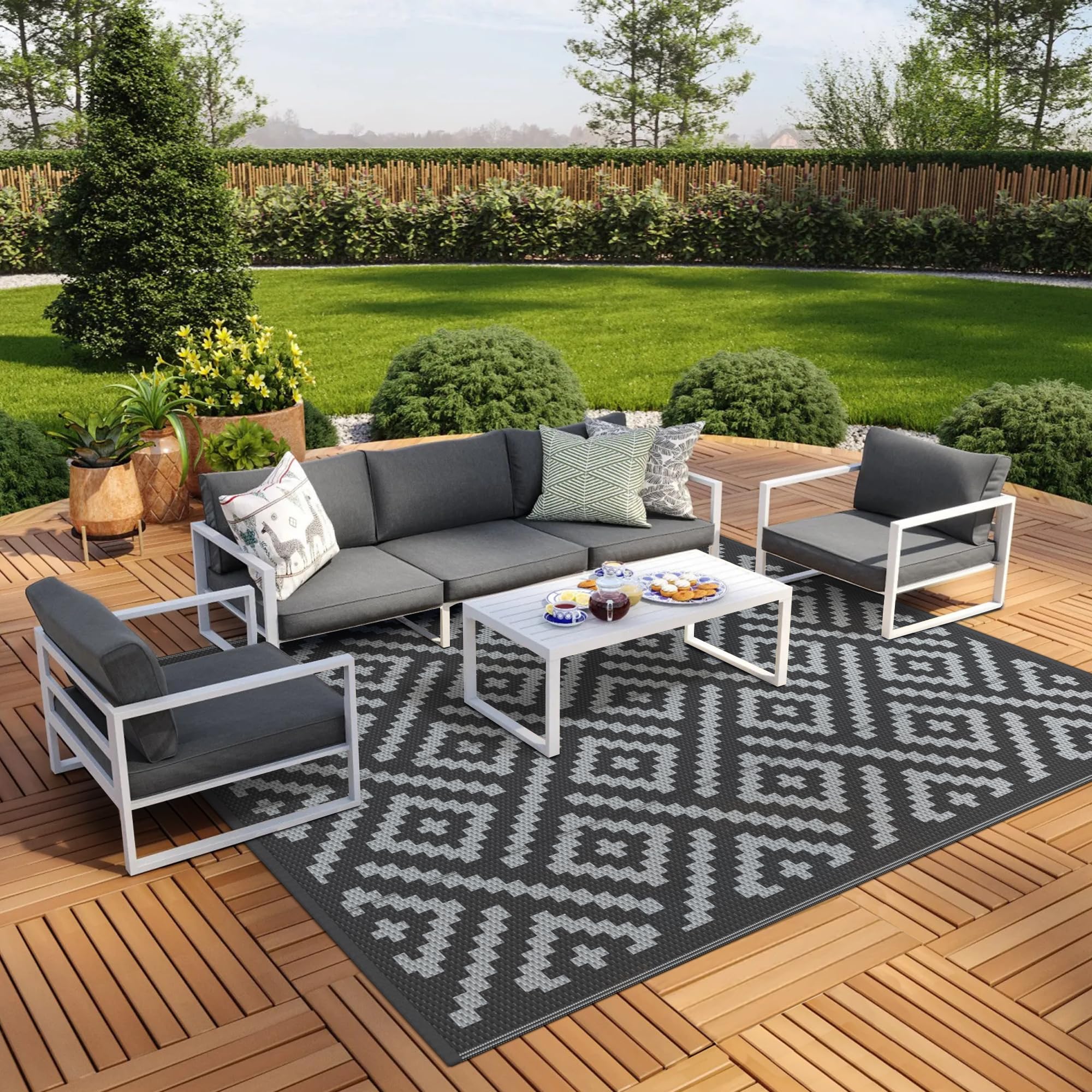 genimo outdoor rugs 8x10 waterproof, reversible mats, area plastic straw rug, outside carpet, geometric rv mat for patio camping rv picnic backyard deck balcony porch beach trailer (black & grey)