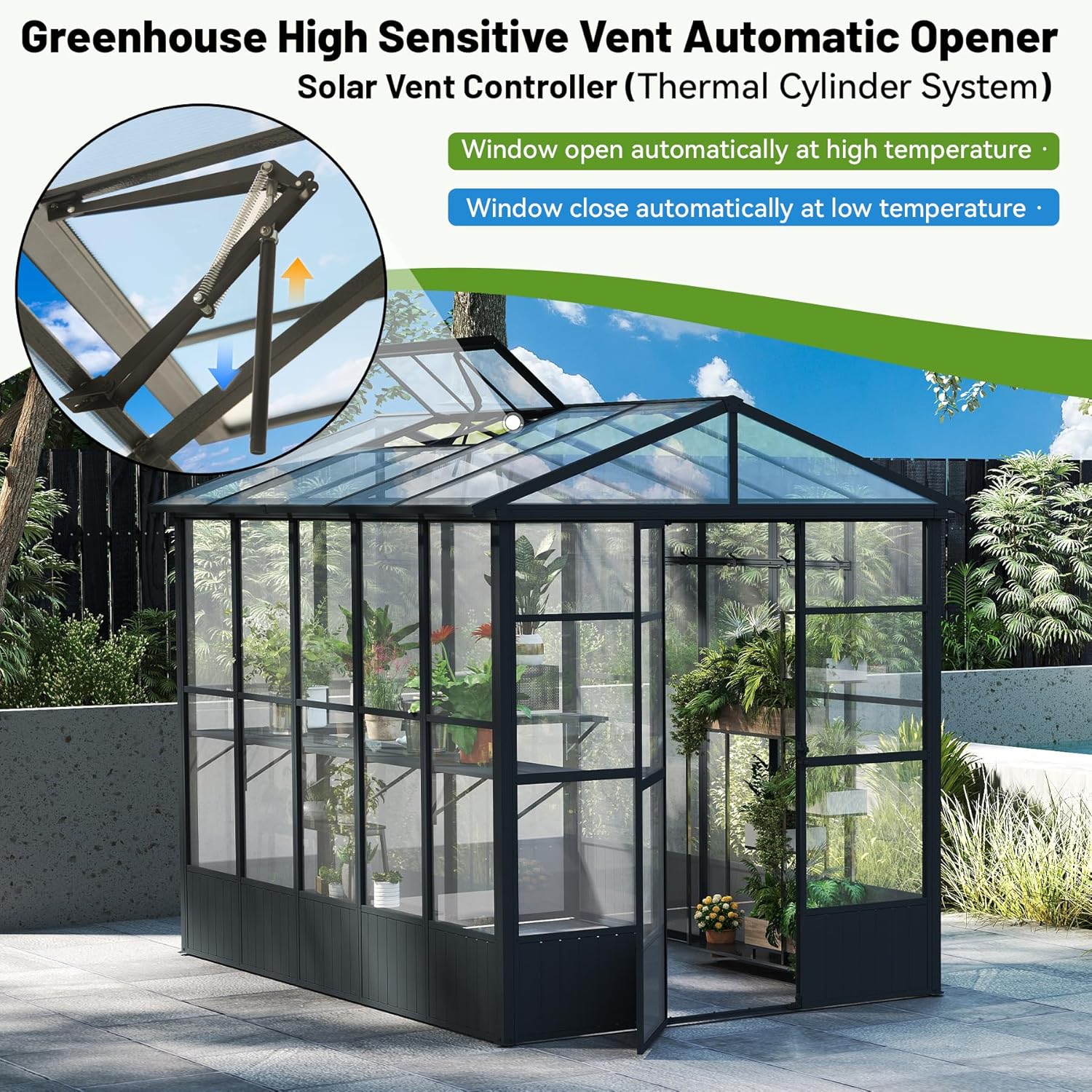 8X10 FT Greenhouses for Outdoors,Polycarbonate Green House for Outside, Automatic On/Off Vent System, Walk in Greenhouses Built-in Shelf & 5 Moveable Hooks, Green Houses for Potting, Flower