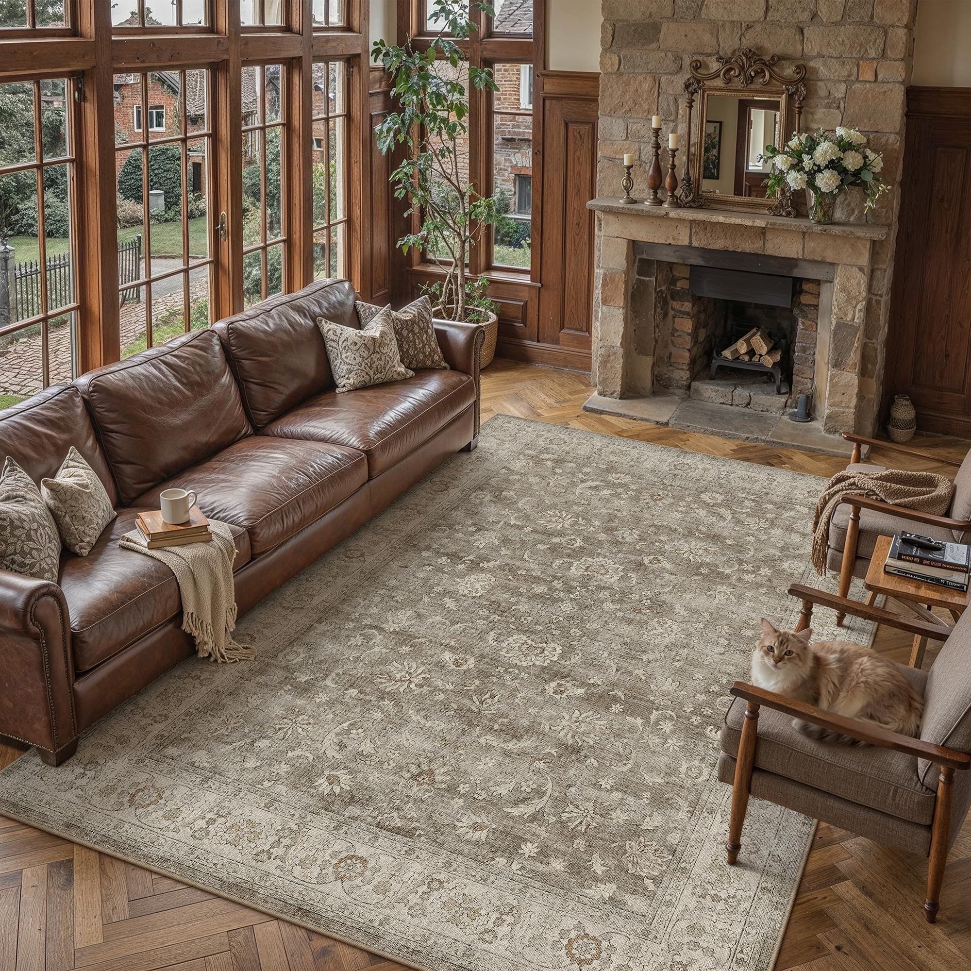 PureCozy Brown Gray Area Rug 6x9 Vintage Floral Distressed