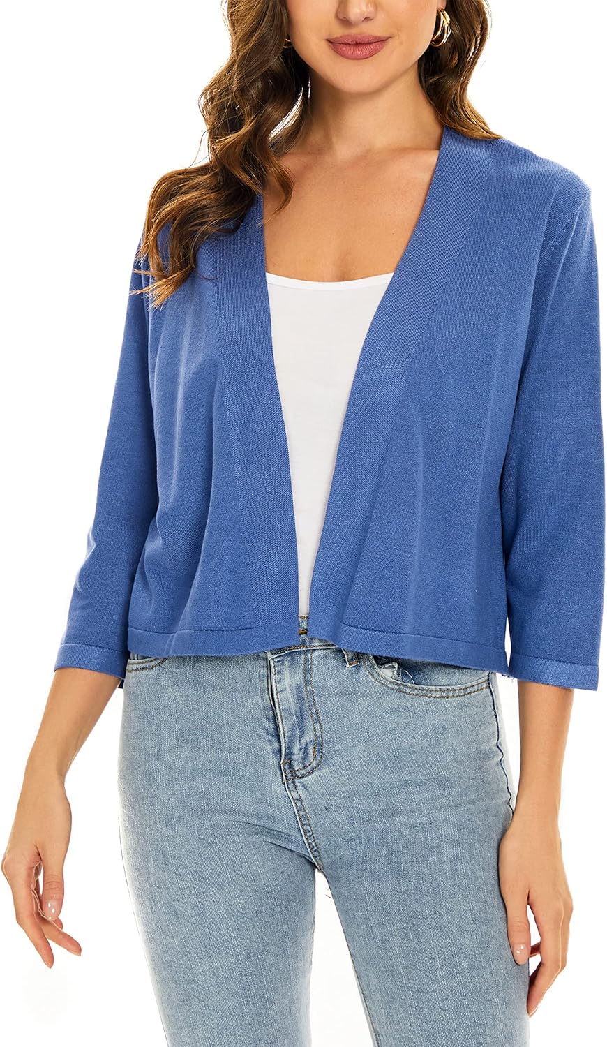 Satuun Women's 3/4 Sleeve Shrugs Lightweight Open Front Cropped Cardigan Tops Autumn-light Blue Medium