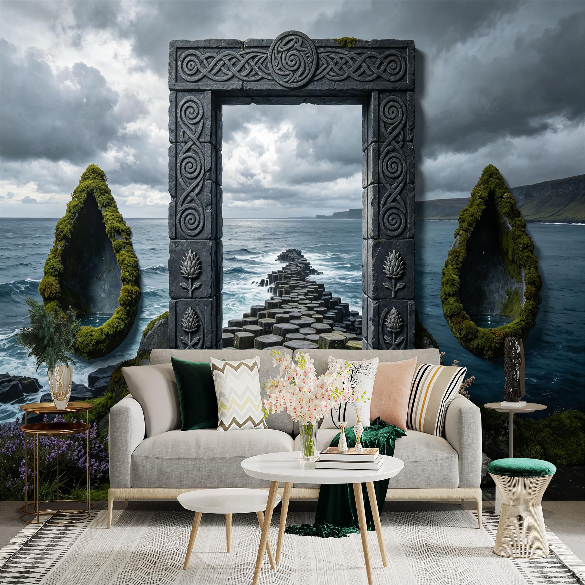 Custom Size Wall Sticker Mural， Celtic Stone Archway， Ocean Path， Stormy Coast Landscape， for wall Decoration， peelandstick wall Decals.