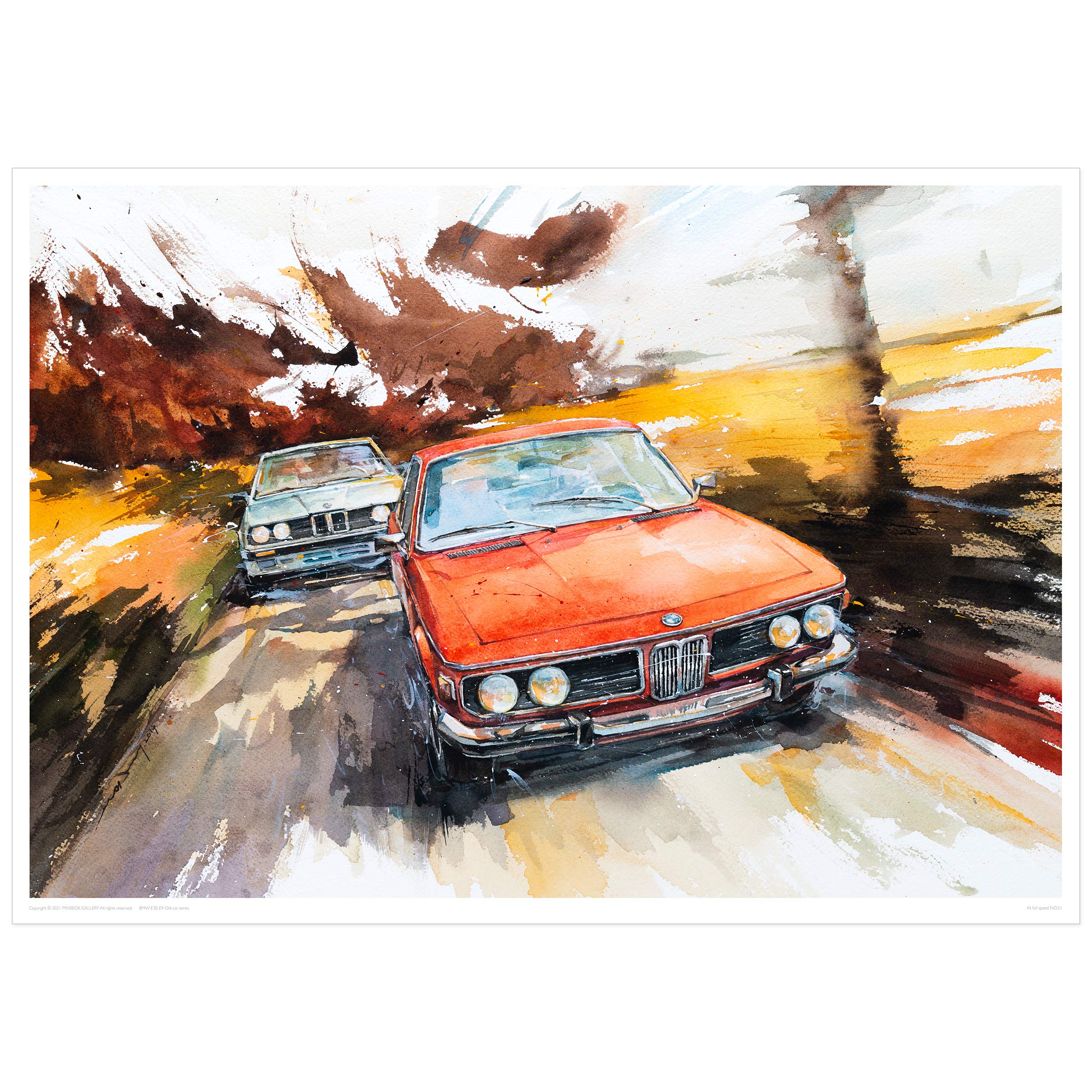 MINSEOK Watercolor Car Posters Room Decor - Premium A2 Art Old Print Pictures, Perfect Car Wall Art Gift - Yellow Scenery Orange Vintage Old Cars