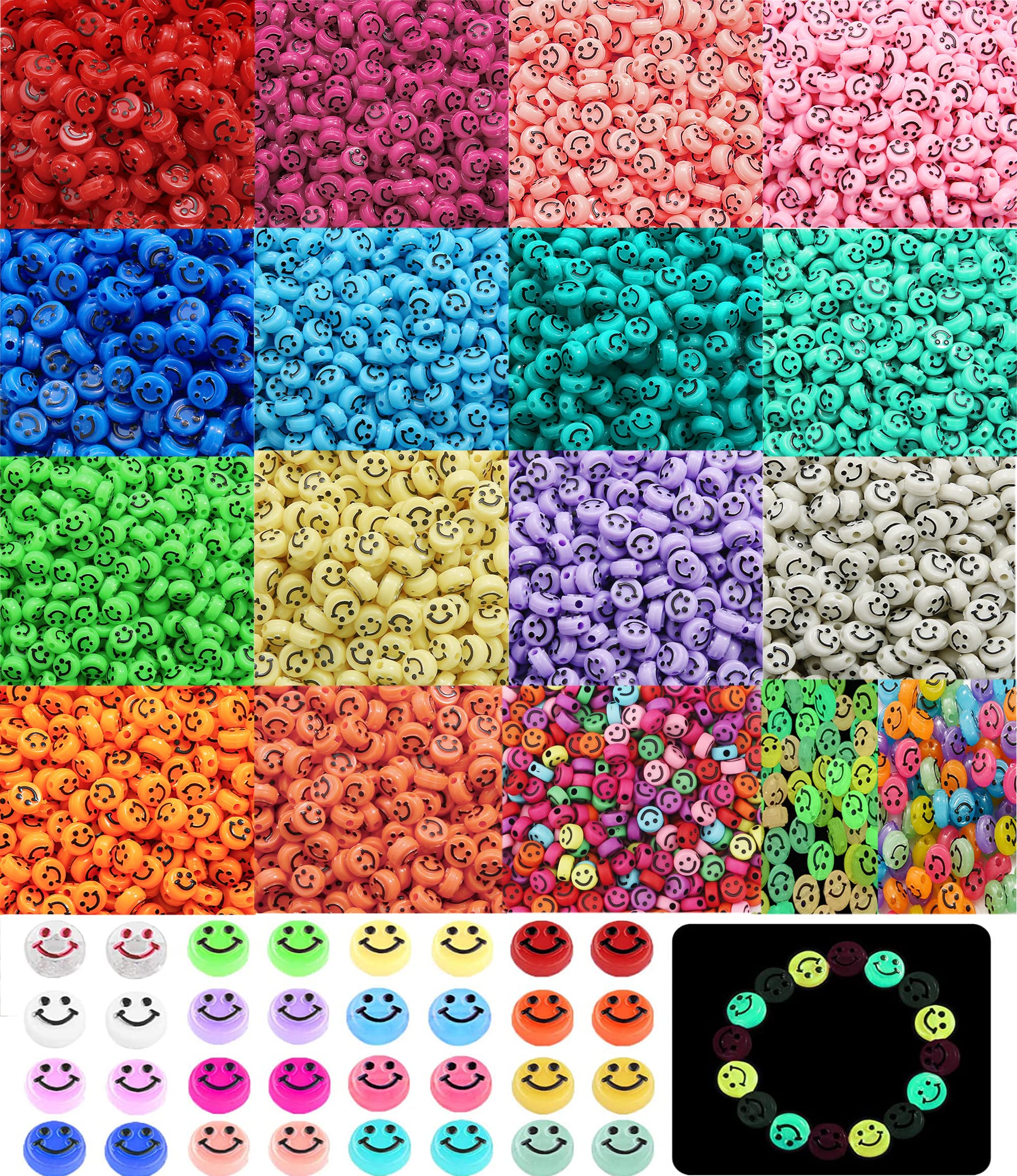 KASTWAVE800 PCSSmiley Face Beads, Acrylic Handmade Beads Kit, Charms include 50 Glowing Smile Beads, Suitable for Jewelry Making Bracelet Earring Necklace DIY Craft Supplies Hair Clip (16 Color)