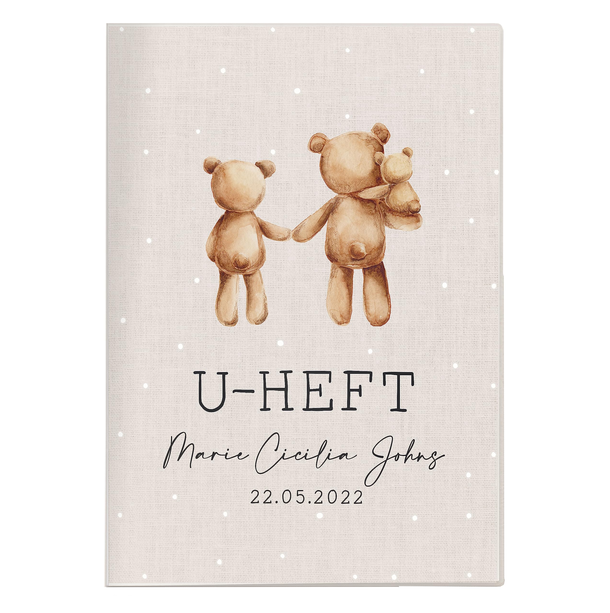 NORDEULE® U-Heft Hülle personalisiert mit Name Geburtsdatum Geburtsdaten | Schutzhülle für Untersuchungsheft mit Design-Einsatz mit Aquarellmotiv Bärenfamilie (Ella Beige, U-Hefthülle)