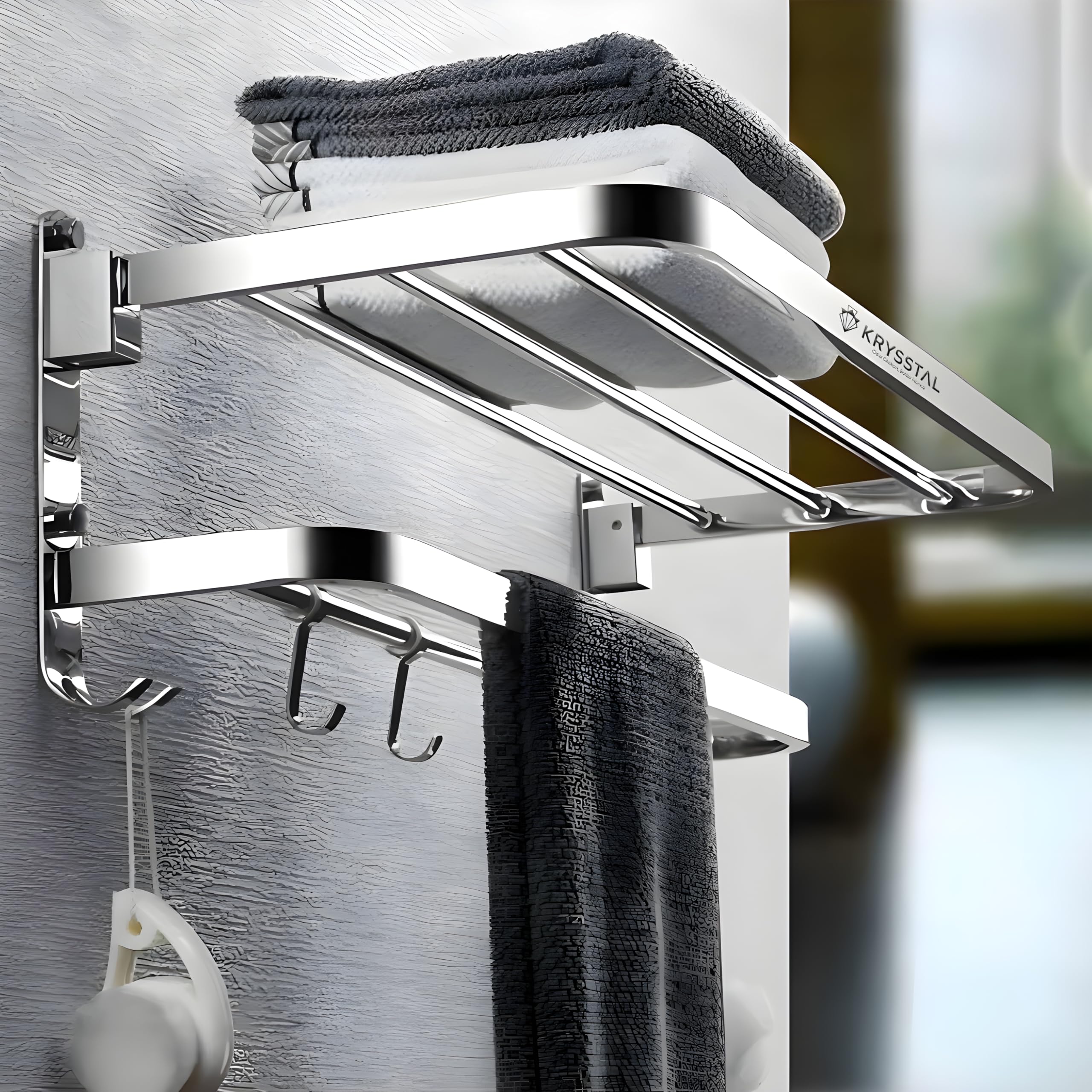KRYSSTAL TwinFlex 304 Stainless Steel Dual Foldable Towel Rack for Bathroom | Wall Mounted Shelf with Hooks | Rustproof & Heavy Duty (24 Inch, Silver)