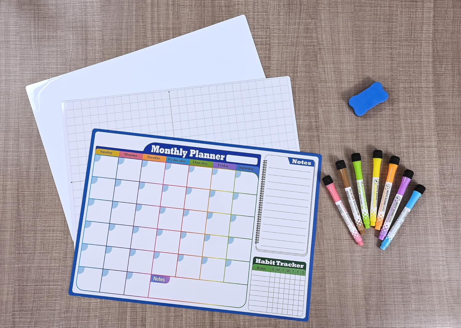 Magnetic Dry Erase Calendar Whiteboard Set – Monthly Weekly Planner, Habit Tracker, Grid & Blank Boards with 7 Markers & Eraser, Fridge Magnet Organizer for Home & Office Gift