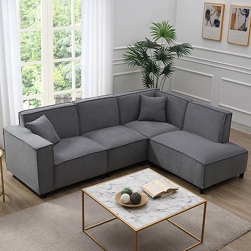Modern L-Shaped Sectional Sofa with Chaise Lounge Furniture Set , Minimalist Style Comfy Chenille Upholstery Corner Couch with Throw Pillows ,Free Combination Convertible Sofa&Couches for Living Room