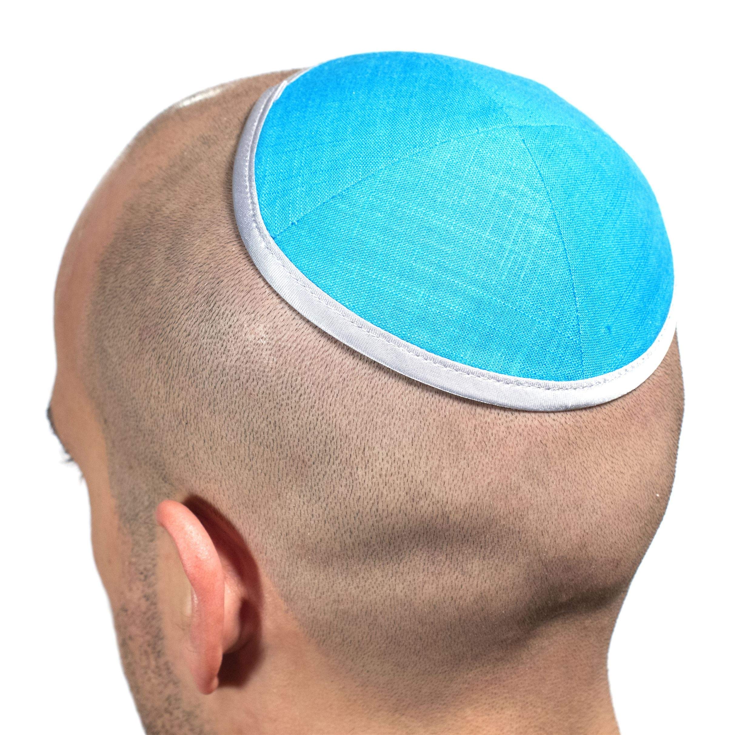 JL Kippha's Elegant Linen Turquoise Kippah Yarmulke Jewish Yamaka Kippa Israel Cap Judaica w/Clip, 17 cm - Image 3