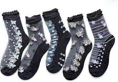 Amazon Co Jp 靴下 レディース シースルー ソックス レディース 黒 夏 薄手 かわいい おしゃれ モノトーン柄 5足セット 柄はお任せ C65 服 ファッション小物