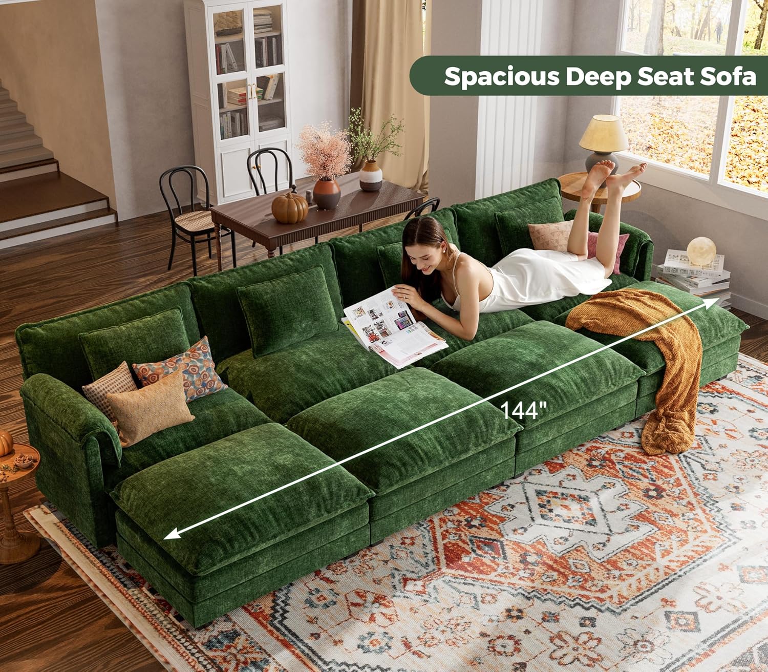 ELUCHANG 150" Oversized Modular Sectional Sofa, Comfy Deep Seat Cloud Couch, Sleeper Sofa Bed, 8 Seat Modern Couch with Removable Cover for Living Room, Apartment, DIY Combination, Chenille Green