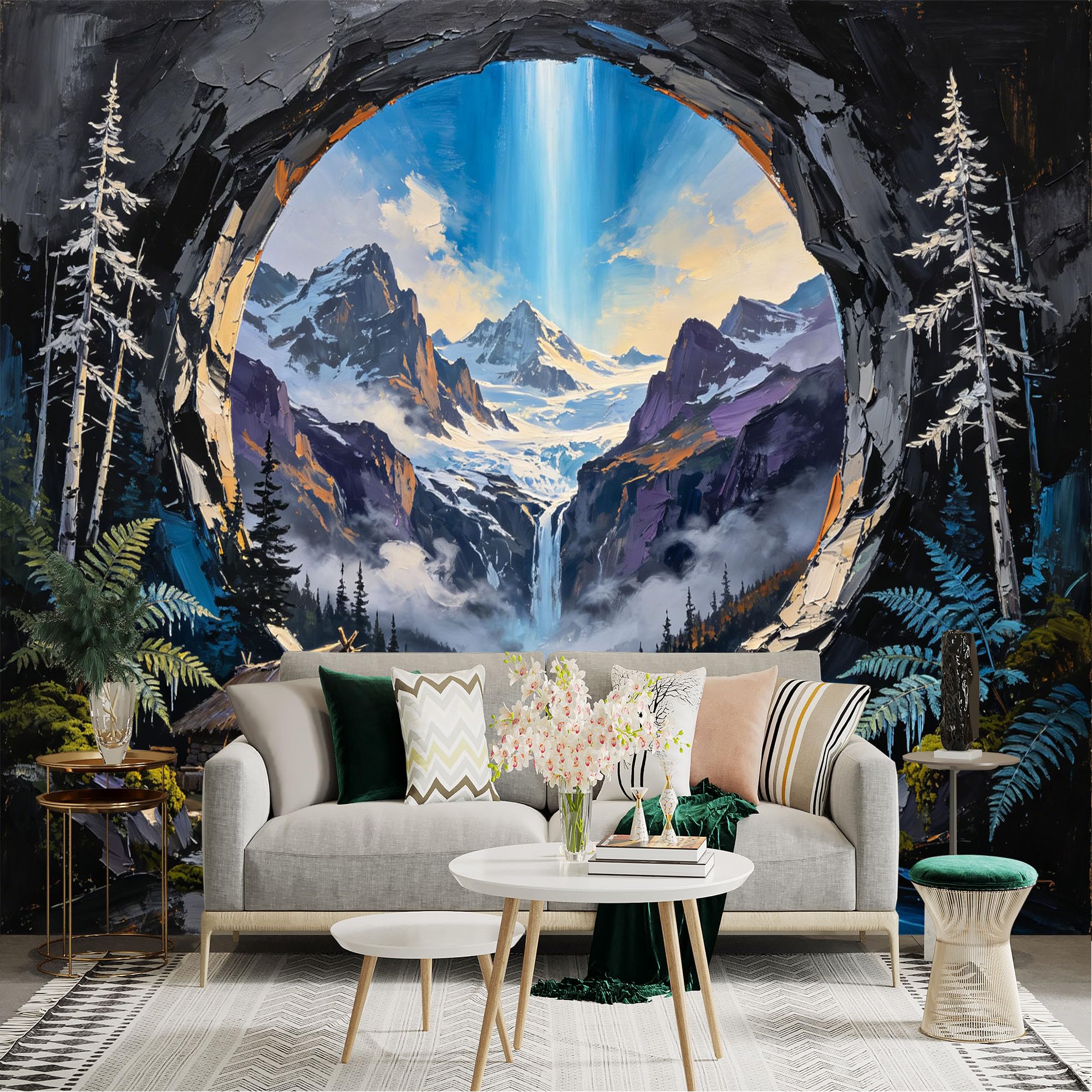 Custom Size Wall Sticker Mural， Mountain Landscape with Waterfall River Cabin and Pine Forest， for wall Decoration， peelandstick wall Decals.