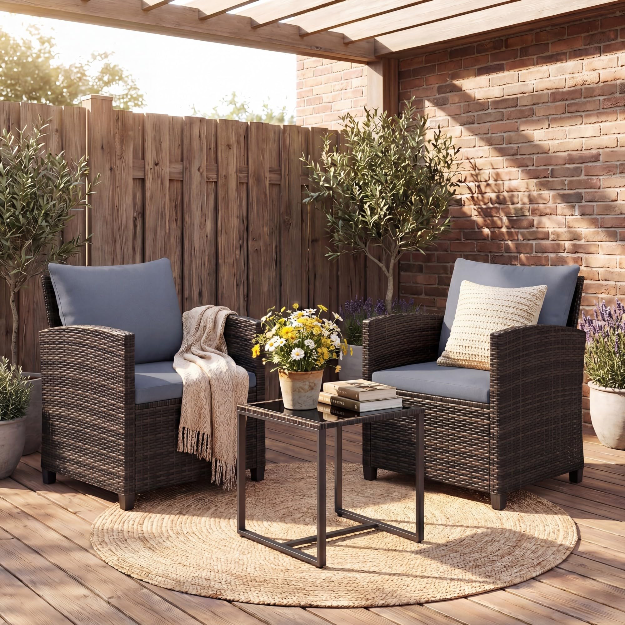 GIANTEX Set da Giardino 3 Pezzi, Salotto Esterno 2 Poltrone con Cuscini + Tavolino in Vetro, Marrone+Grigio