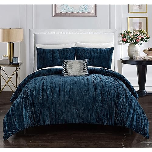 Chic Home - BCS12616-AN Westmont 4 Piece Comforter Set Crinkle Crushed Velvet Bedding - Decorative Pillow Shams Included, Queen, Navy