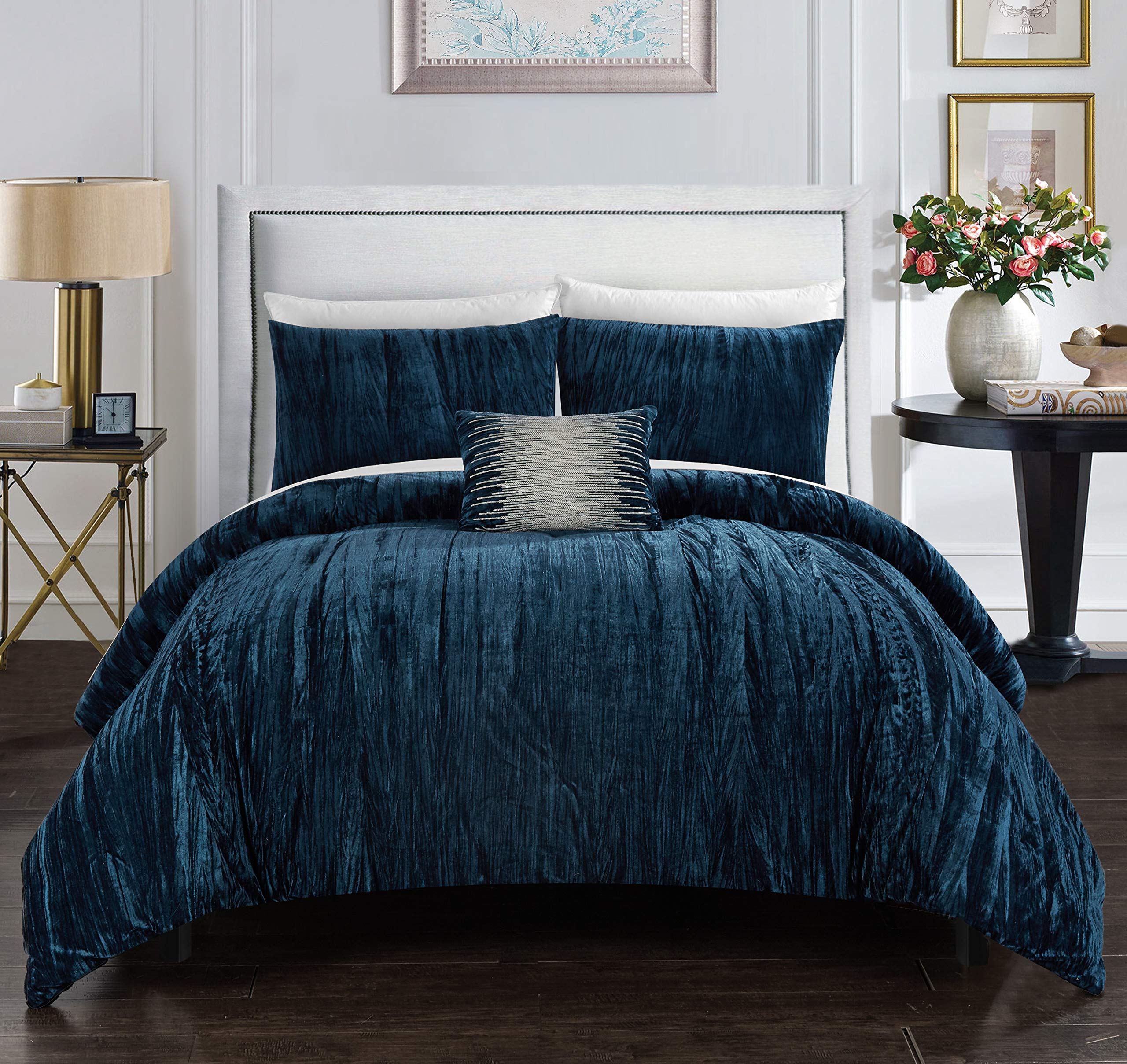 Chic Home Westmont 4 Piece Comforter Set Crinkle Crushed Velvet Bedding-Decorative Pillow Shams Included, Microfiber, Navy, King