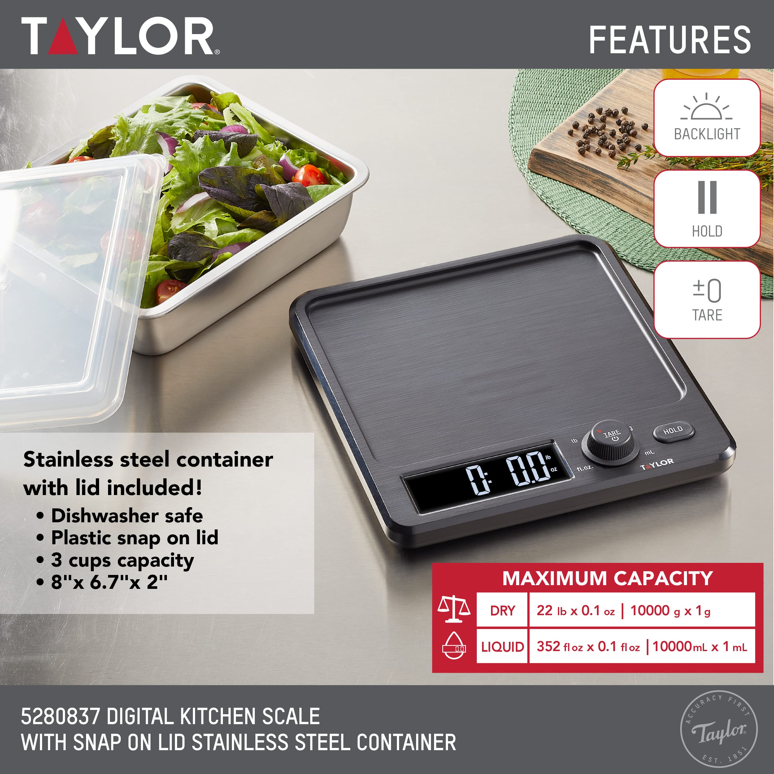 Taylor Precision Products Digital Kitchen Scale with Dishwasher Safe Stainless Steel Container and Snap On, 22 pound capacity, Black