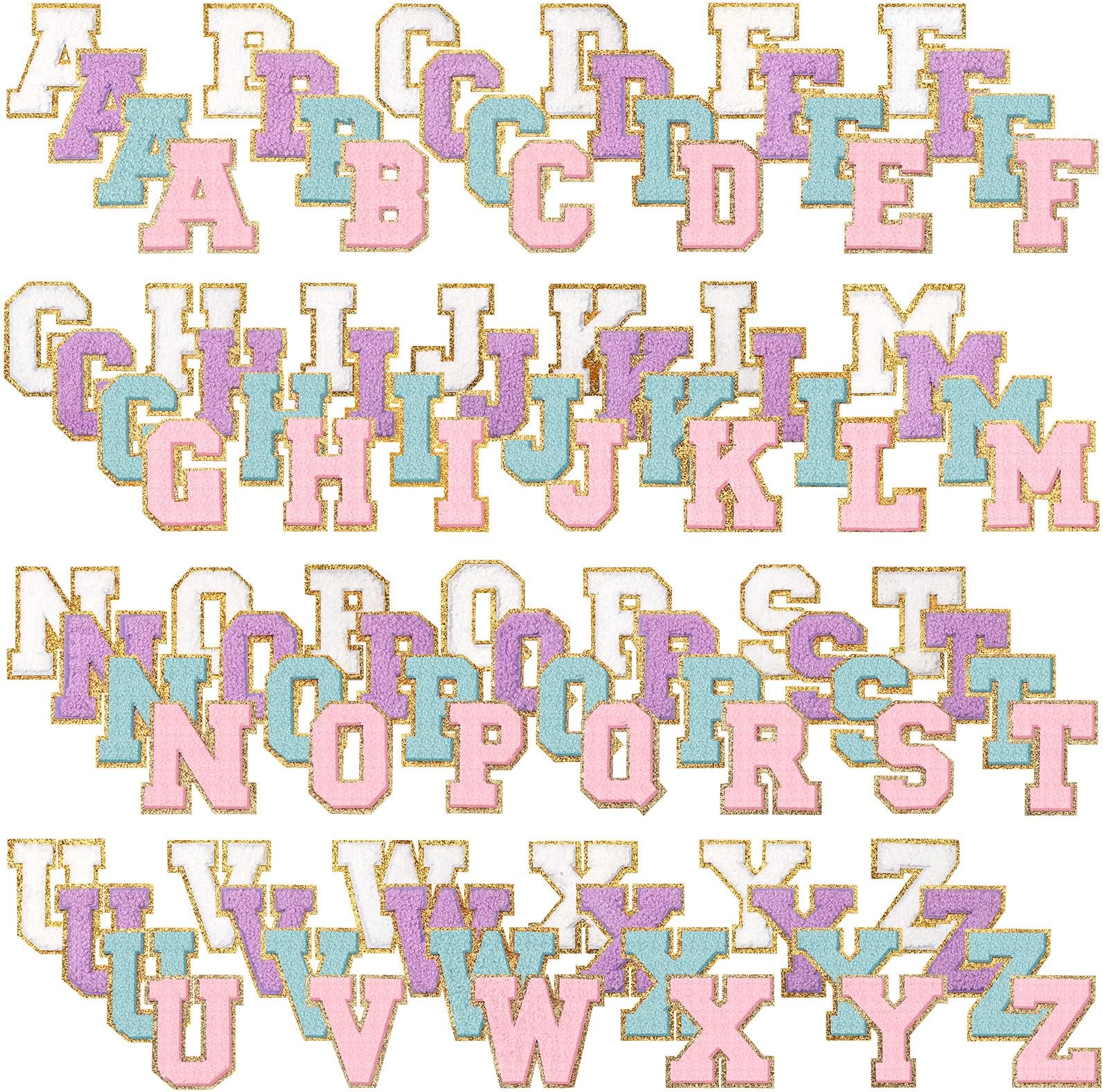 104 Pcs Letter Patch Iron on Chenille A-Z Repair Alphabet Applique Patches Embroidered Letter Sew on with Gold Border for Bags Shirts(2.36'',Purple White Pink Blue)