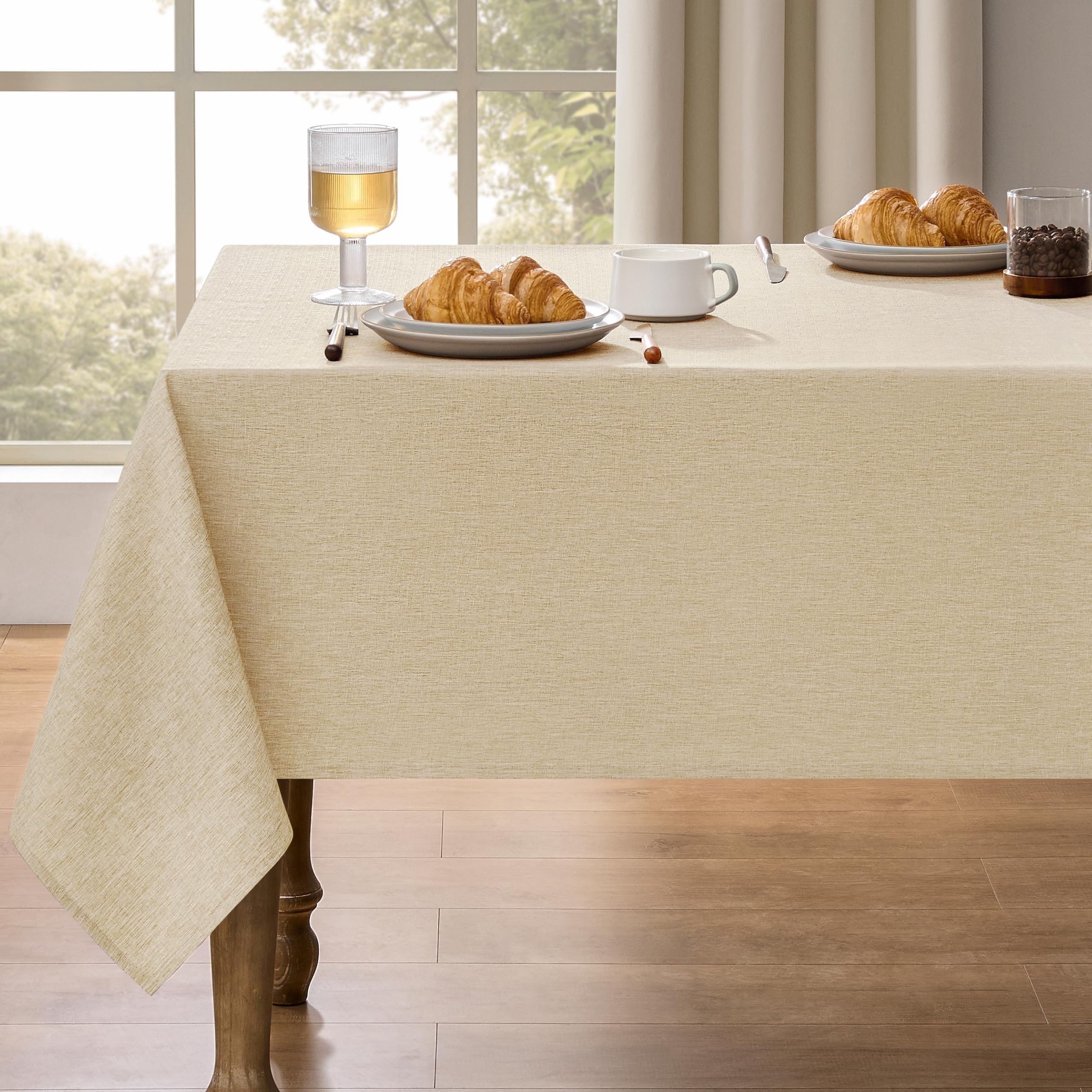 Decorelia Waterproof Linen Table Cloth for 8ft Rectangle Table, Easy to Clean Wrinkle-Free Outdoor Tablecloth for Wedding, Party, and Camping(Oblong, 60 x 120 Inch (10-12 Seats), Beige)