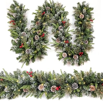 HomeKaren Christmas Garland Snowy 9ft with 50 Lights, Christmas Decor with 50 Light Timer for Mantle Staircase Indoor and Outdoor