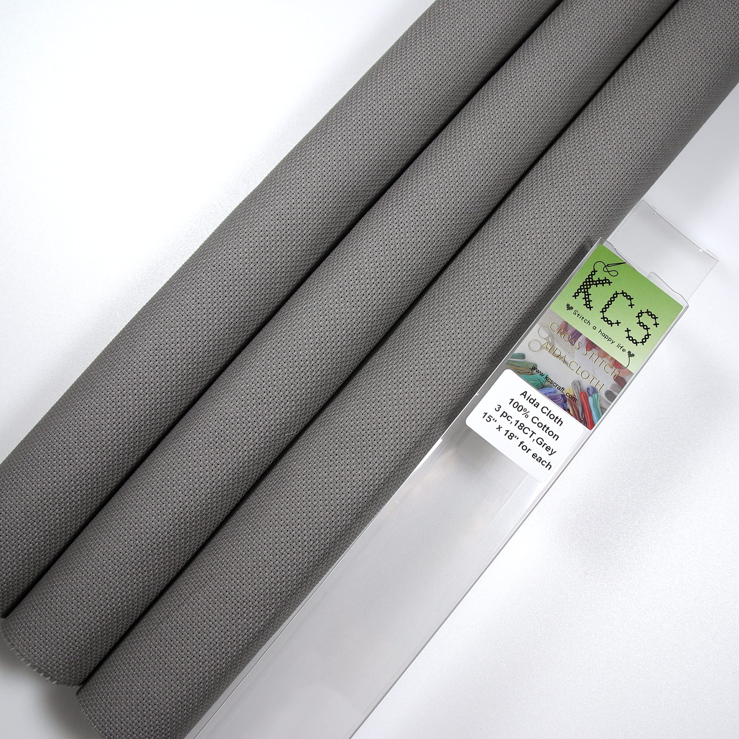 KCS 3 pc of 15" x 18" Counted Cross Stitch Cotton Aida Cloth Needlework Rolled Fabric Box,18CT,Medium Grey
