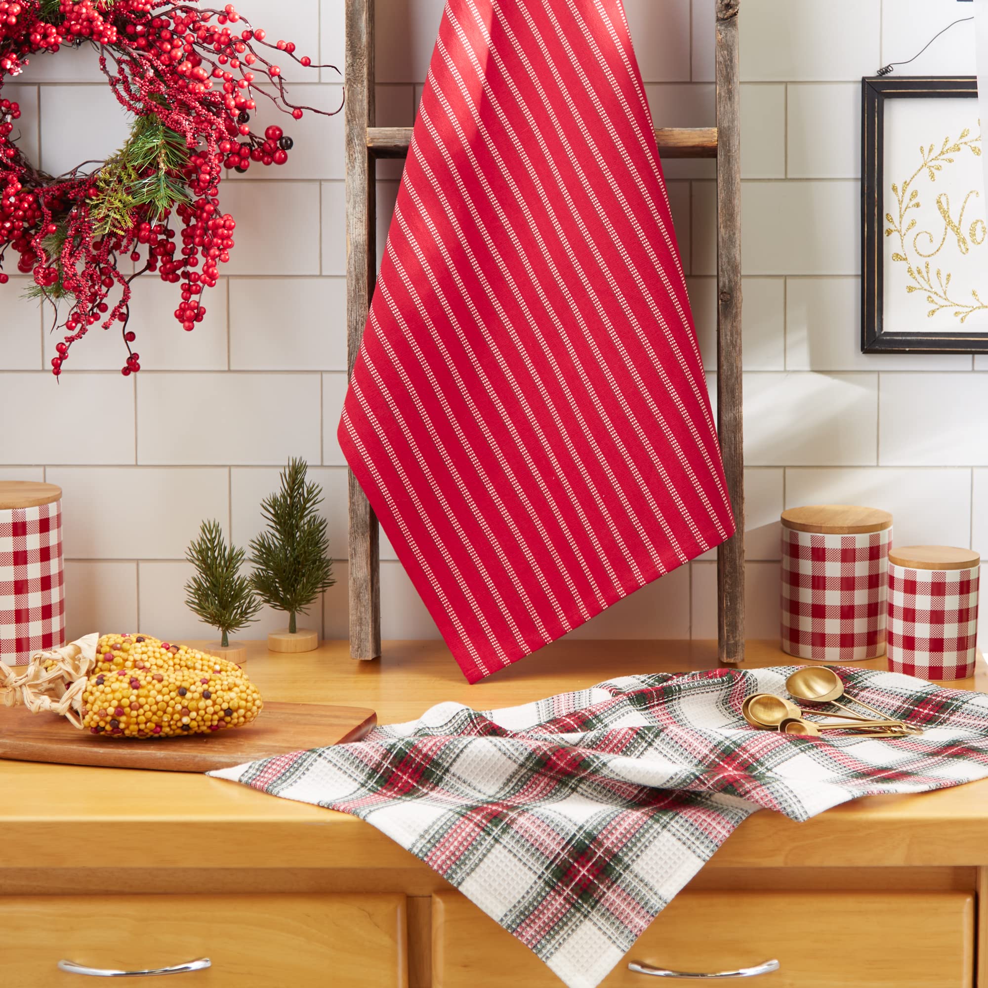 DII Vintage Weihnachten Geschirrtücher Dekoratives Urlaub Küche Geschirrtuch-Set, 45,7 x 71,1 cm, Urlaub Plaid & Rot/Weiß Streifen, 2 Stück