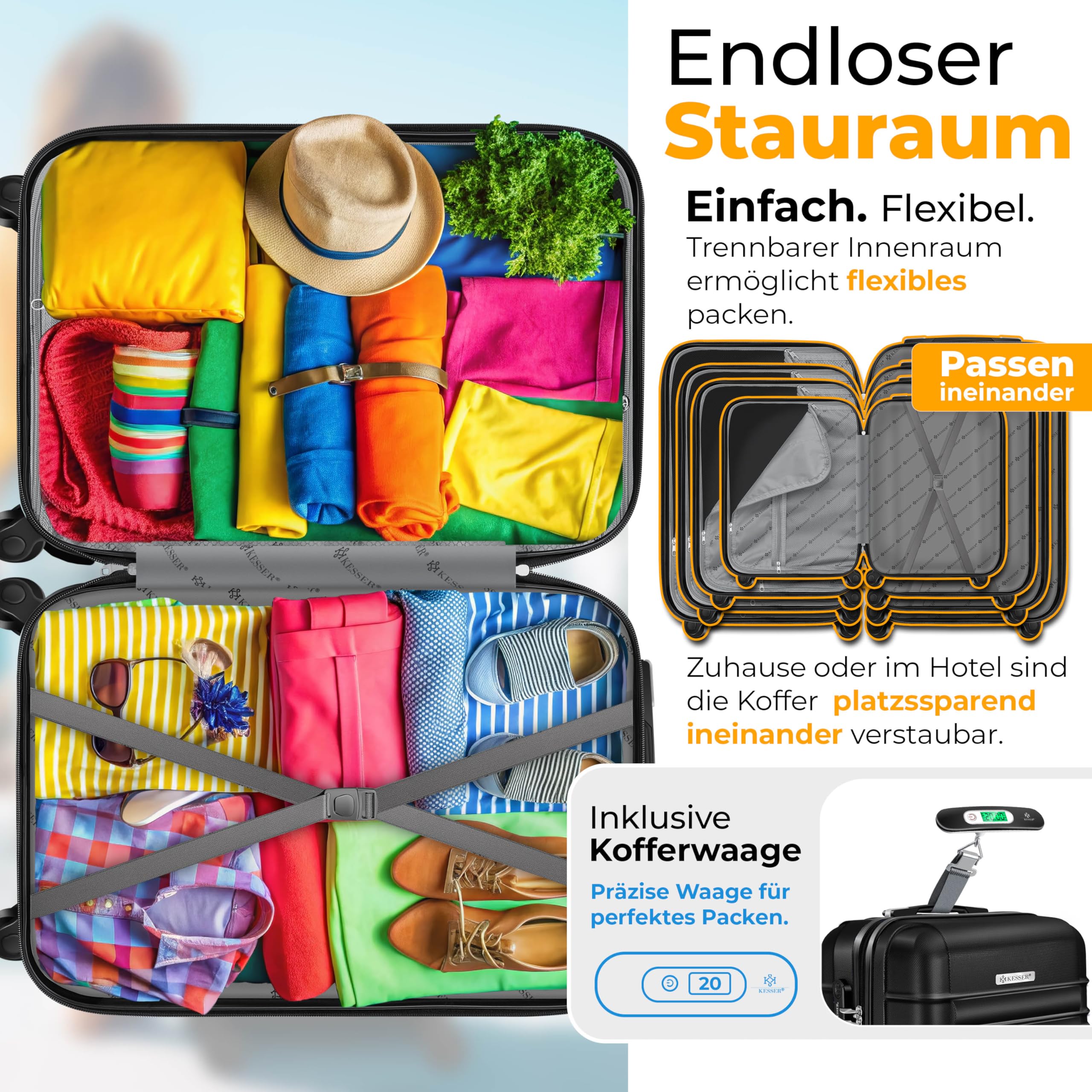 KESSER® Set de 4 valises à Coque Dure, Valise à Coque Dure, Trolley Valise INCL. Balance de Valise + étiquette de Bagage Valise à roulettes, Serrure, 4 roulettes ABS-Coque Dure, S-M-L-XL