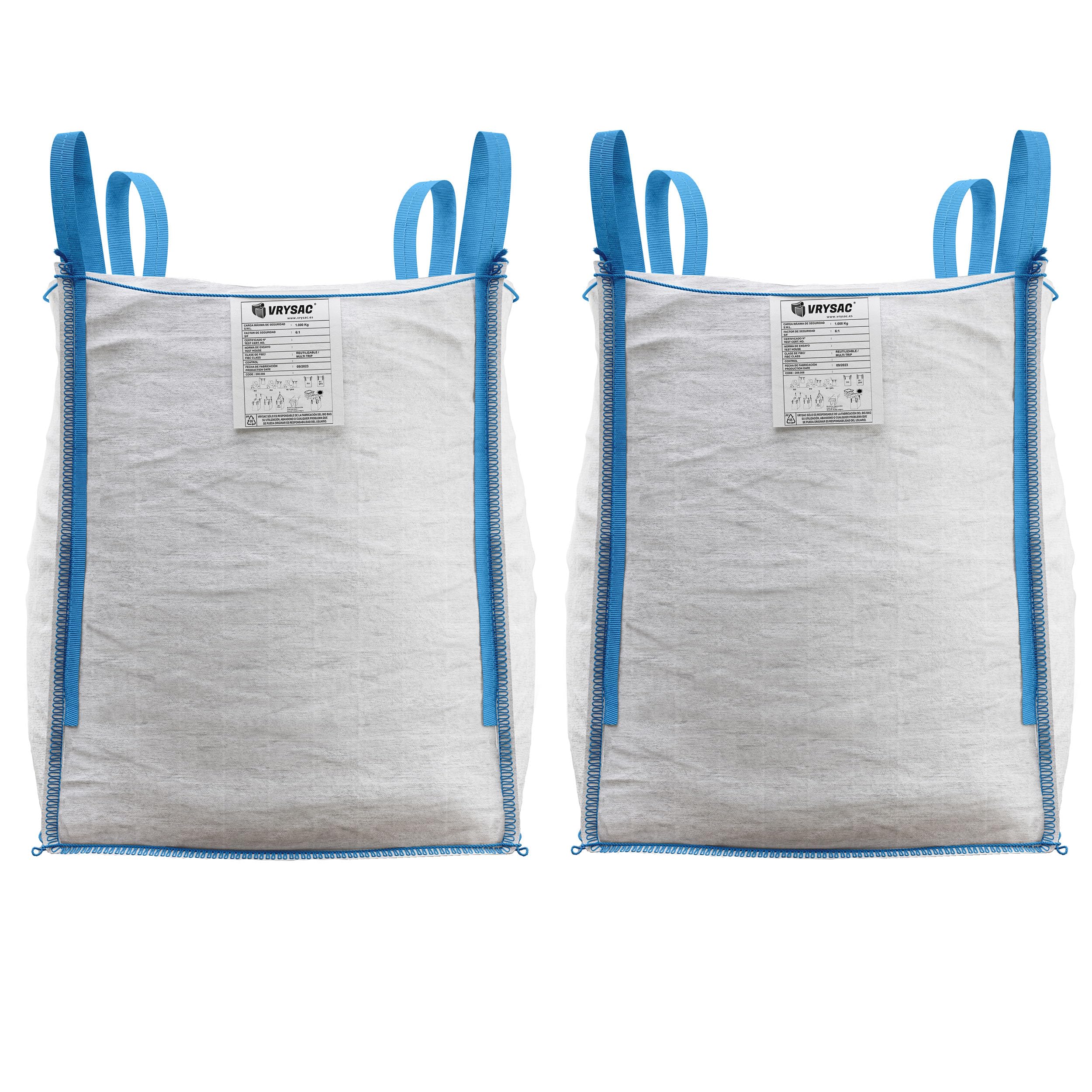 Big Bag 1000 kg, 85 x 85 x 90 cm, 4 Handles 40 cm, SF 6:1, Construction Sack for Rubber, Garden and Firewood, Pack of 2