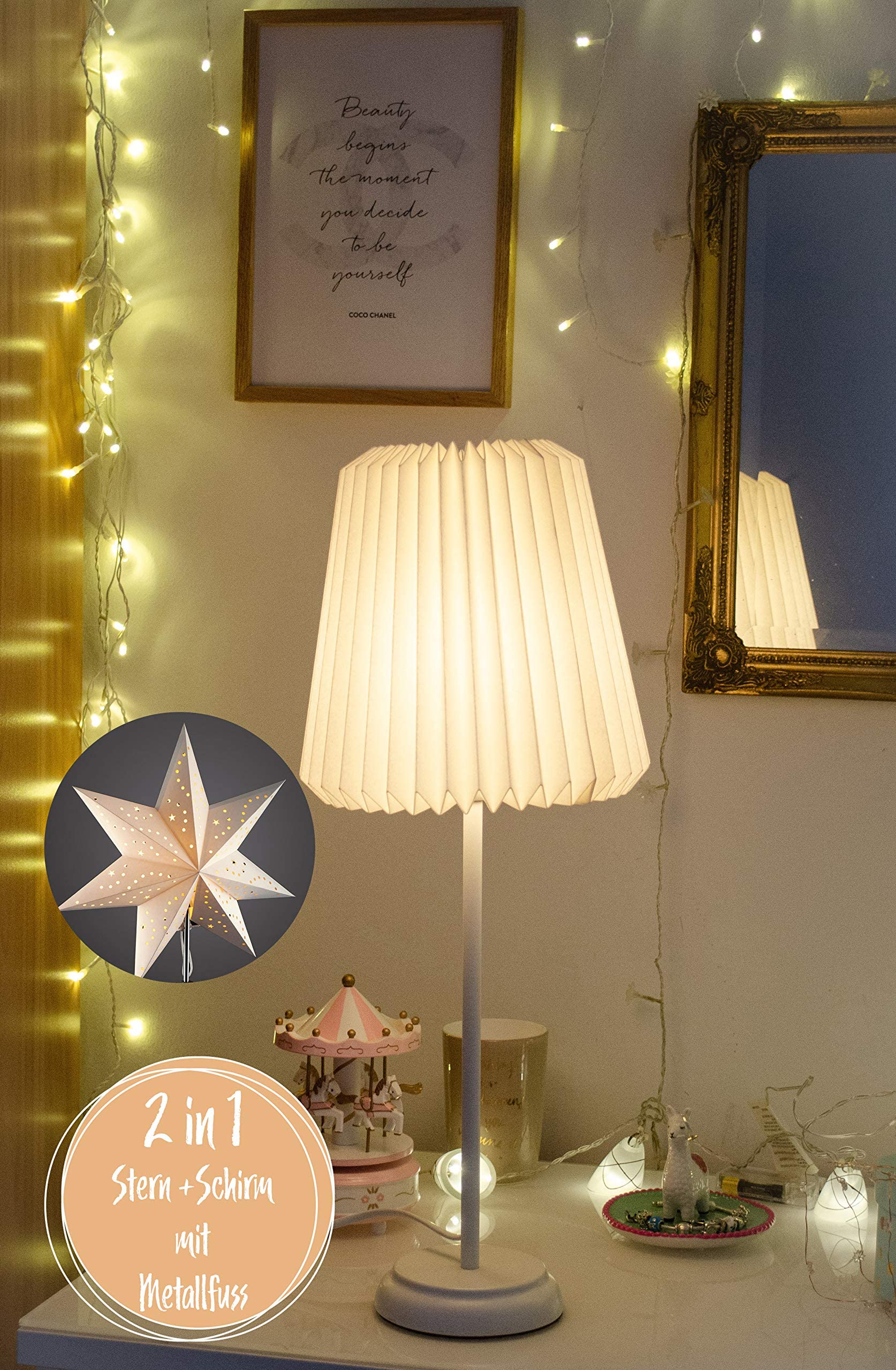 hellum Tischlampe mit Wechselschirm Weihnachten Papierstern order Design Papier-Lampenschirm, Weiß Faltbar Papierschirm mit Fuß aus Metall, Deko Leuchtemit LED-Glühbirne mit Schalter, 578430