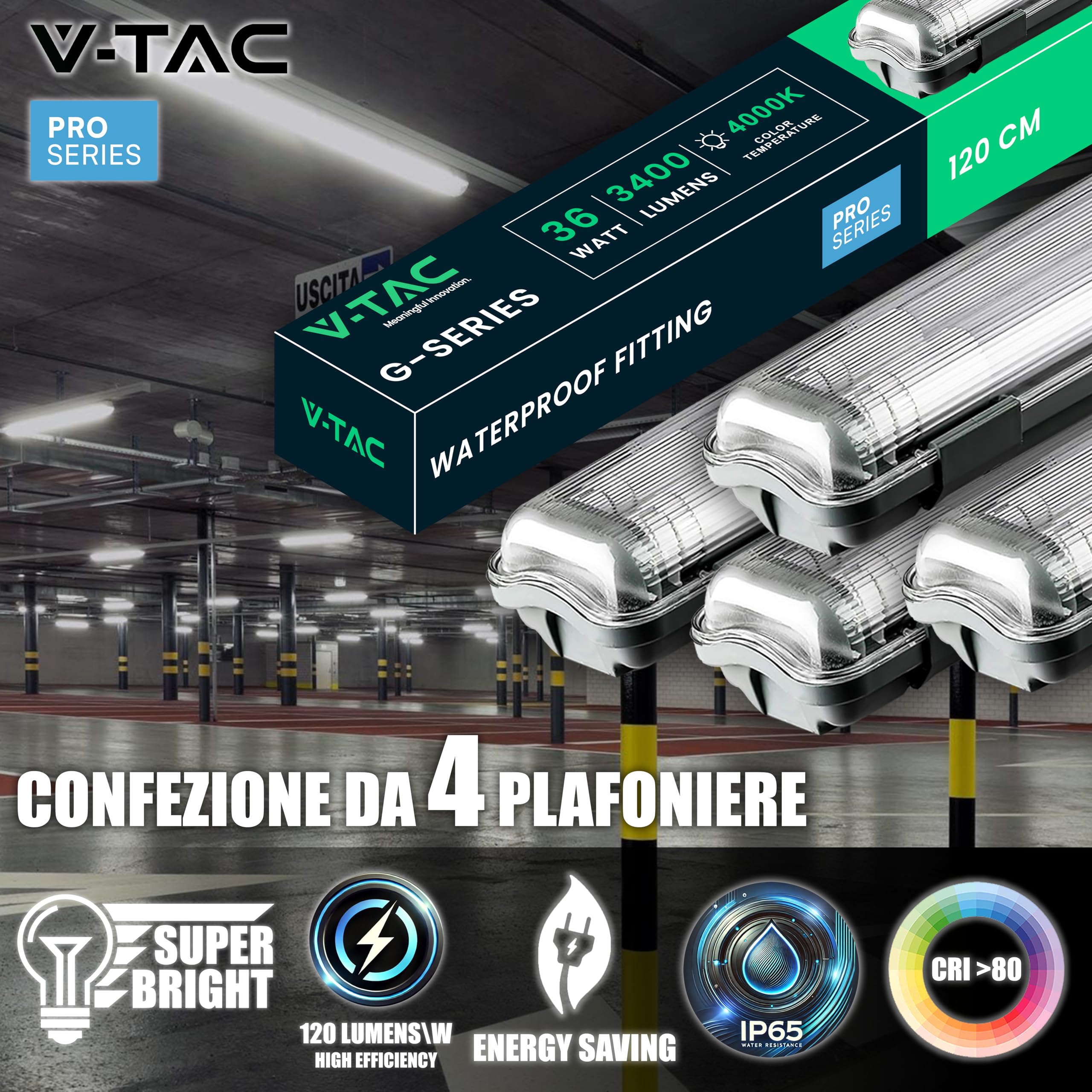 V-TAC 4x Plafoniera LED Impermeabile Doppia 120 CM - 36W - [ Chip Samsung ] - 4 PEZZI - Lampada 3400 Lumen IP65 per Soffitto, Parete, Garage, Magazzino - Doppio Tubo - Luce 4000K Naturale