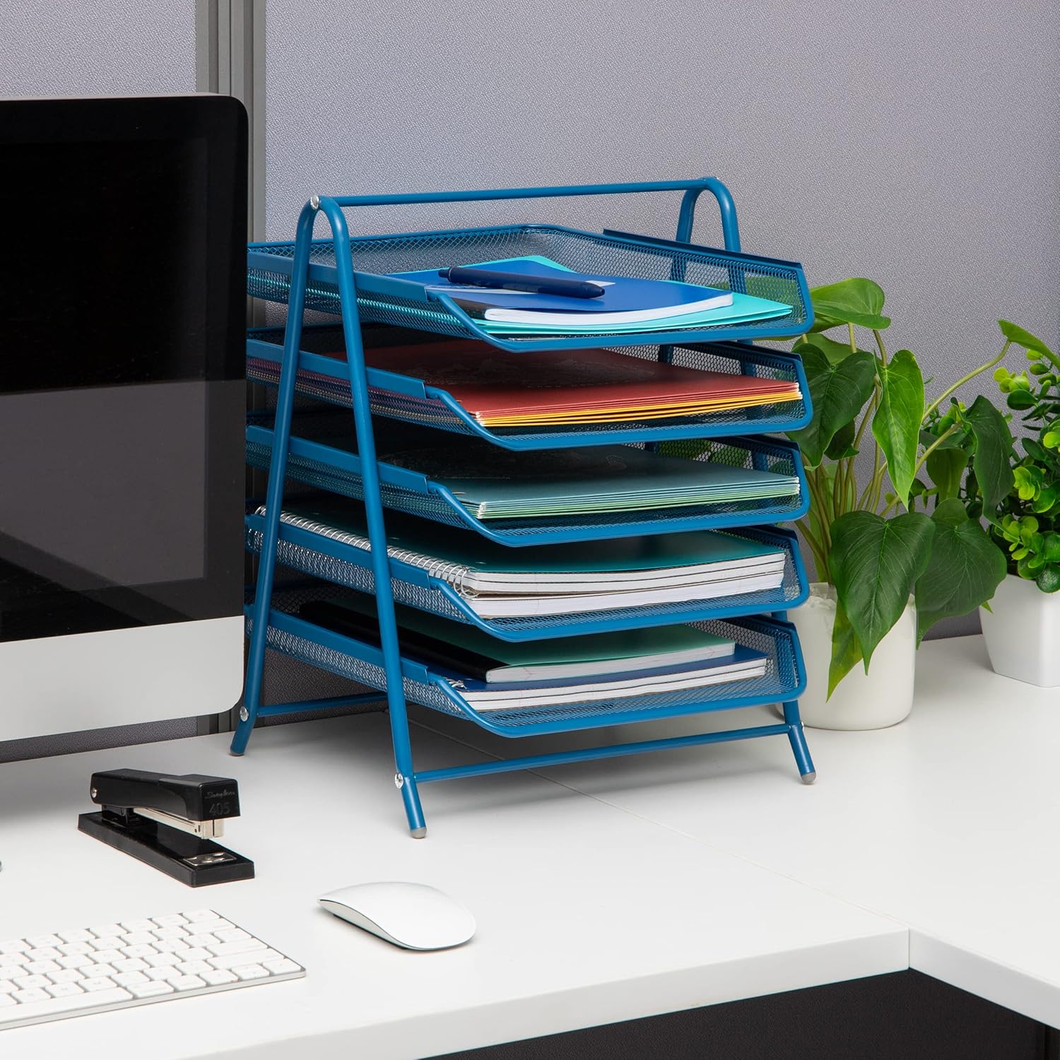 Mind Reader 5-Tier Paper Tray, Desktop Organizer, File Storage, Office, Metal Mesh, 11.75"L x 14"W x 15"H, Turquoise